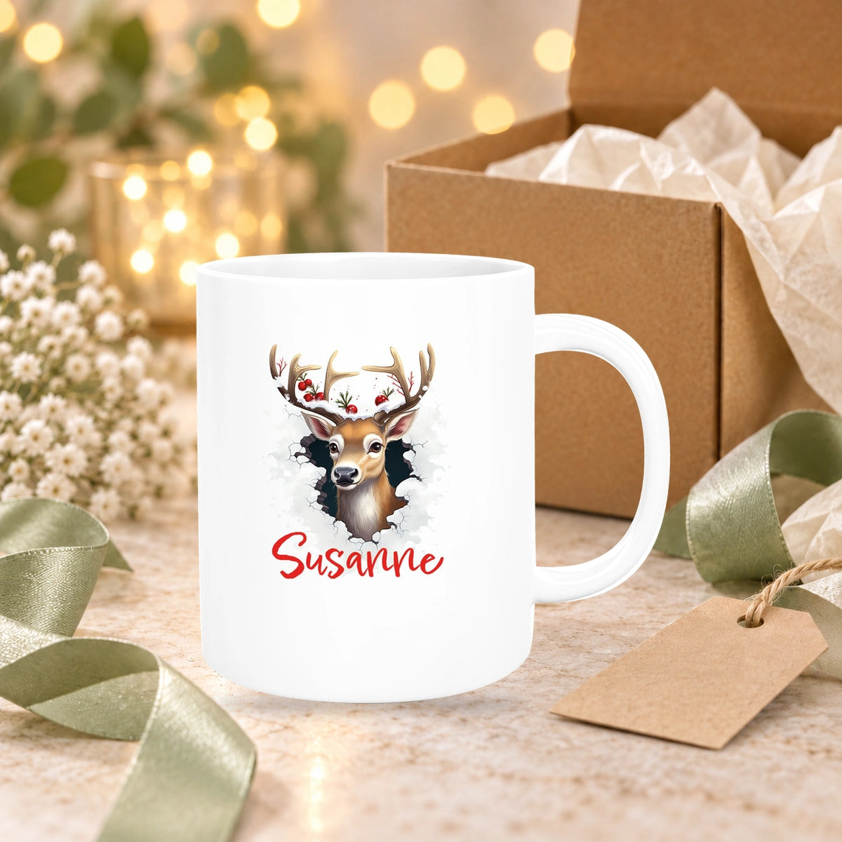 Tasse Wunschname Christmas Rentier 2 Keramik Kinderbecher versch. Farben