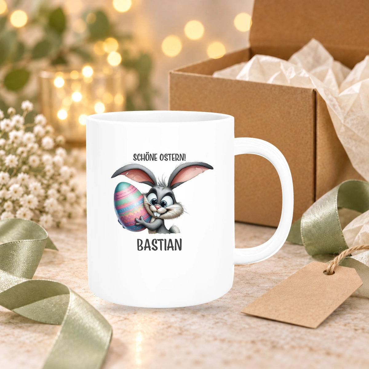 MUCKKI-PRO:c23870f5442f164809adf114e0de826a21bb648eb91ba1a9239bee9450ca0b39:Tasse Ostern - Hase 5 Wunschnamen Keramik personalisiert versch. Farben