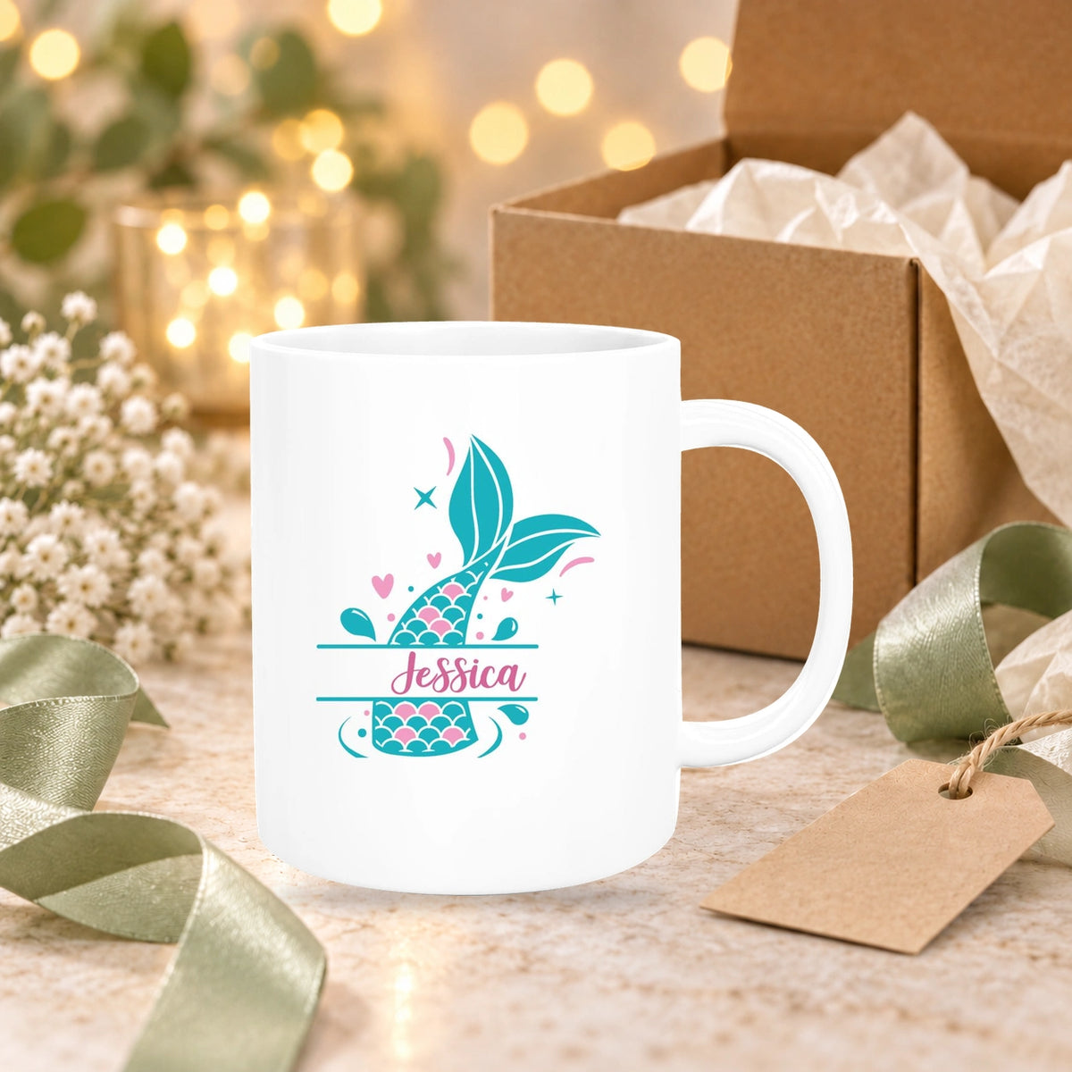 Tasse Meerjungfrau-Flosse 1 Wunschname Keramik Kinderbecher personalisiert versch. Farben