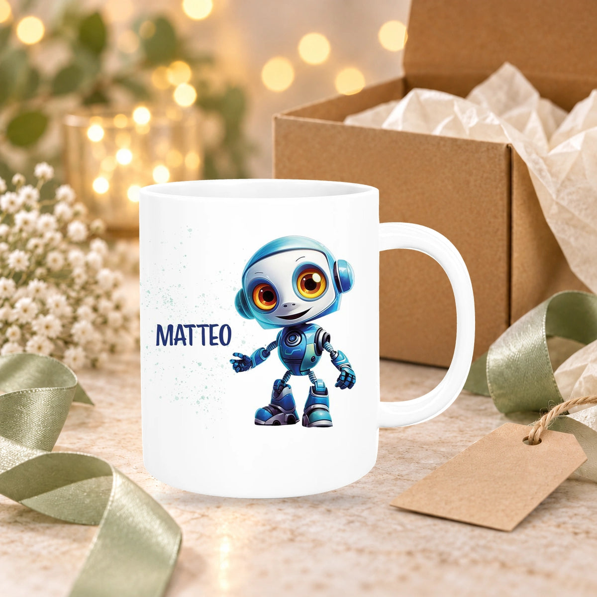 MUCKKI-PRO:3e3446d7783f64551769d8a982d461665ea1b4f7401a6df780d699fa4056854d:Tasse Wunschname Roboter 2 Keramik Kinderbecher versch. Farben