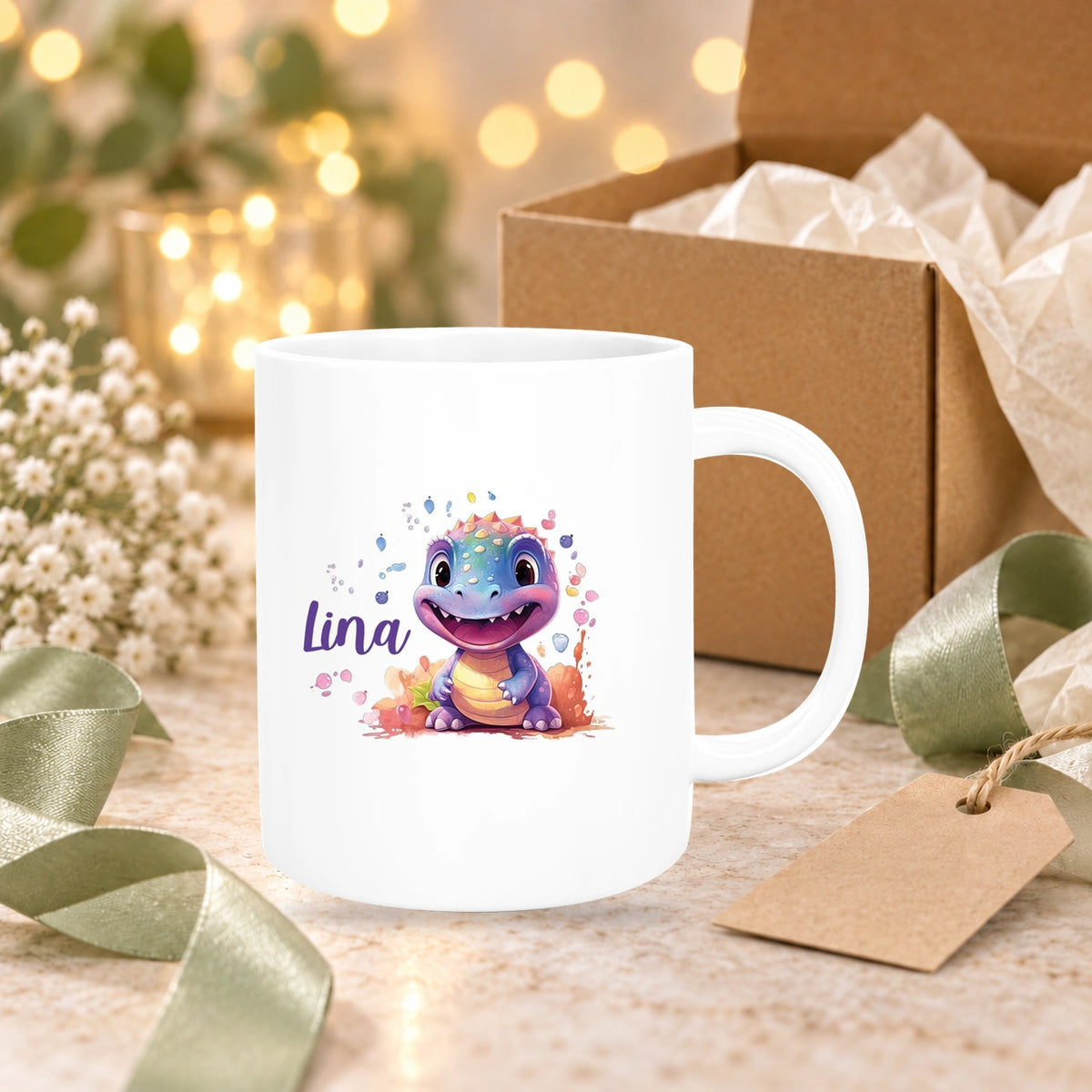 MUCKKI-PRO:708f3c6d4dbeb5d925f24ddab6bbf7934971db624a00185f232775f05baae23f:Tasse Dino 9 Wunschname Keramik Kinderbecher Personalisiert versch. Farben