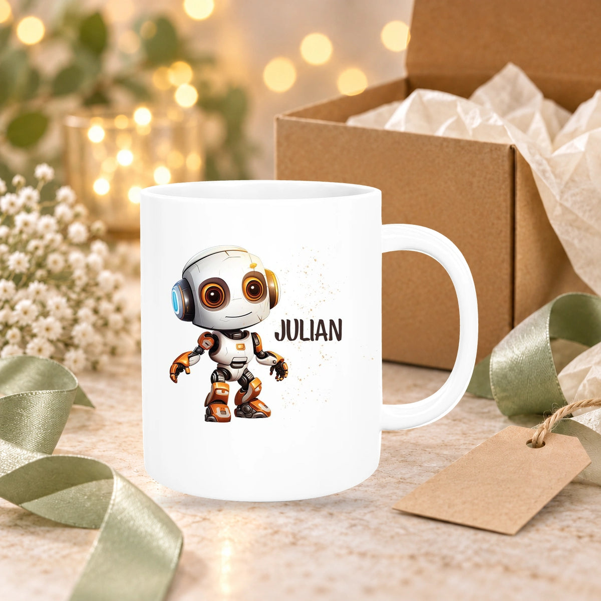 MUCKKI-PRO:80765a70f34ecab841357a5a7e33c02291e2e240fd785671c5565537e14efaec:Tasse Wunschname Roboter 3 Keramik Kinderbecher versch. Farben