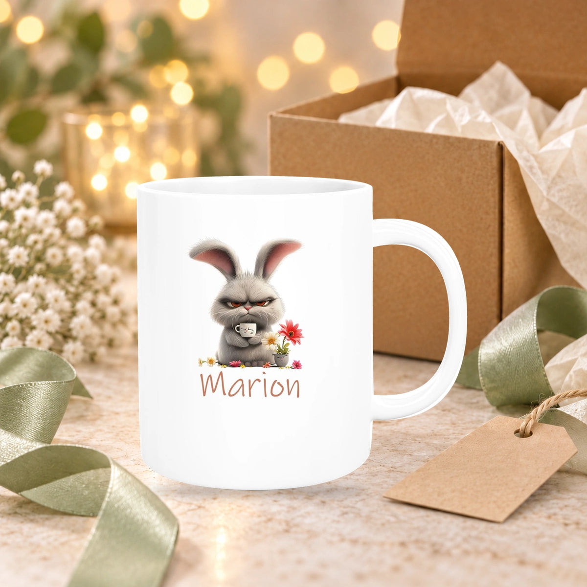 MUCKKI-PRO:b16a6fc6c20e47d0c1862a38055b2ef56b25dc719aa9937f477b8158ca709903:Tasse Ostern Grumpy-Bunny 2 Wunschnamen Keramik personalisiert versch. Farben
