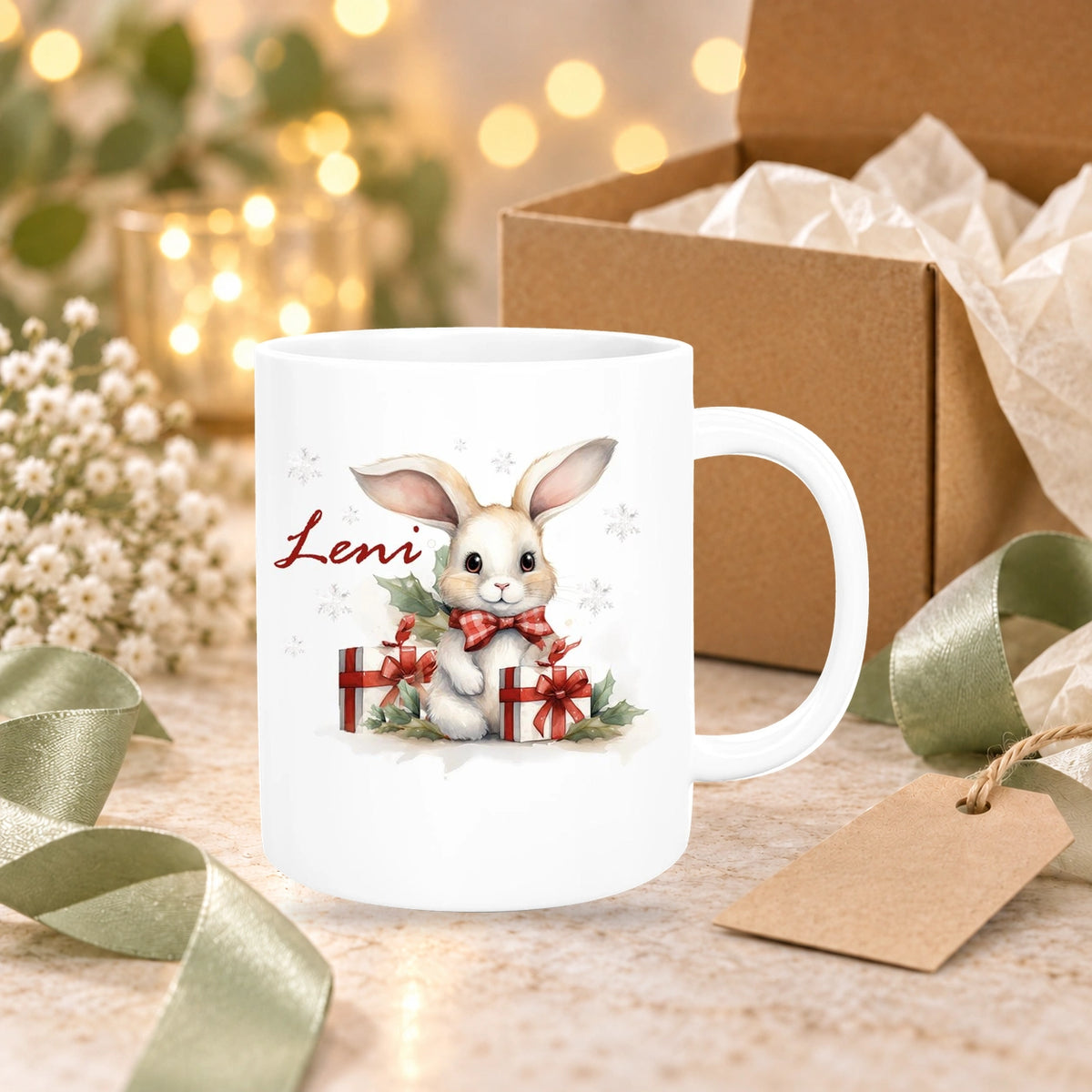 Tasse Wunschname Weihnachten Hase Sterne Keramik Kinderbecher versch. Farben