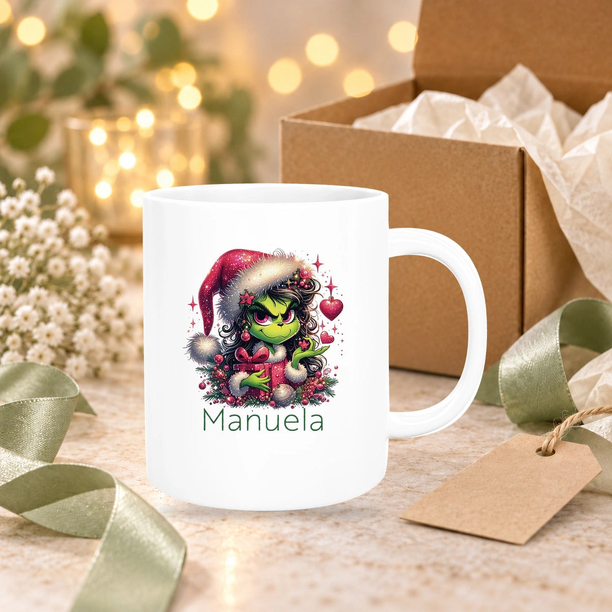 Tasse Wunschname Weihnachten Lady-Grinch 2 Keramik Kinderbecher versch. Farben