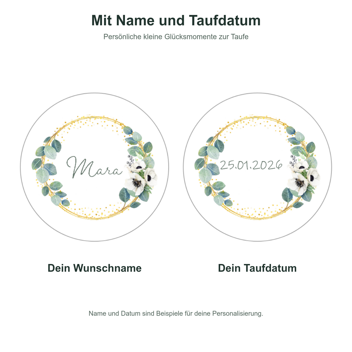 MUCKKI-PRO:dec93dfbbfa02f0c6b3161f61e8577d01eeaa921e4a12774d4a8e2cc10cdc255:Muffinaufleger Taufe Eukalyptus 1 – 4 cm (20 Stück) oder 6 cm (12 Stück) mit Name und Taufdatum