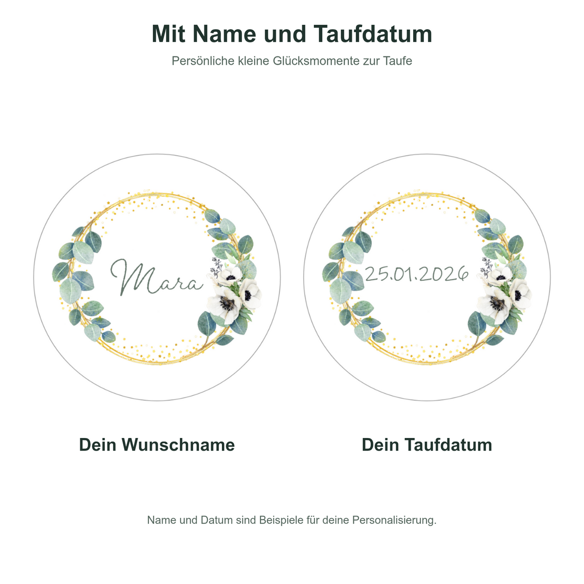 MUCKKI-PRO:002a84dde4dd4b6aada1423fa01c17336fed1aeca7473b18619c606370d9ee51:Muffinaufleger Taufe Eukalyptus 1 – 12 Stück à 6 cm mit Name und Taufdatum