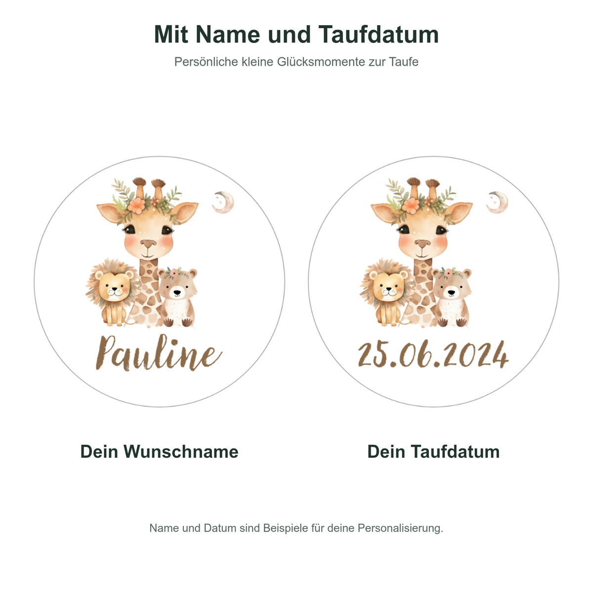 MUCKKI-PRO:f57683a3ee32b8eb570655344dbfc108bee6c5e7c0903b9604db31798a12b04c:Muffinaufleger Taufe Animals 1 – 12 Stück à 6 cm mit Name und Taufdatum
