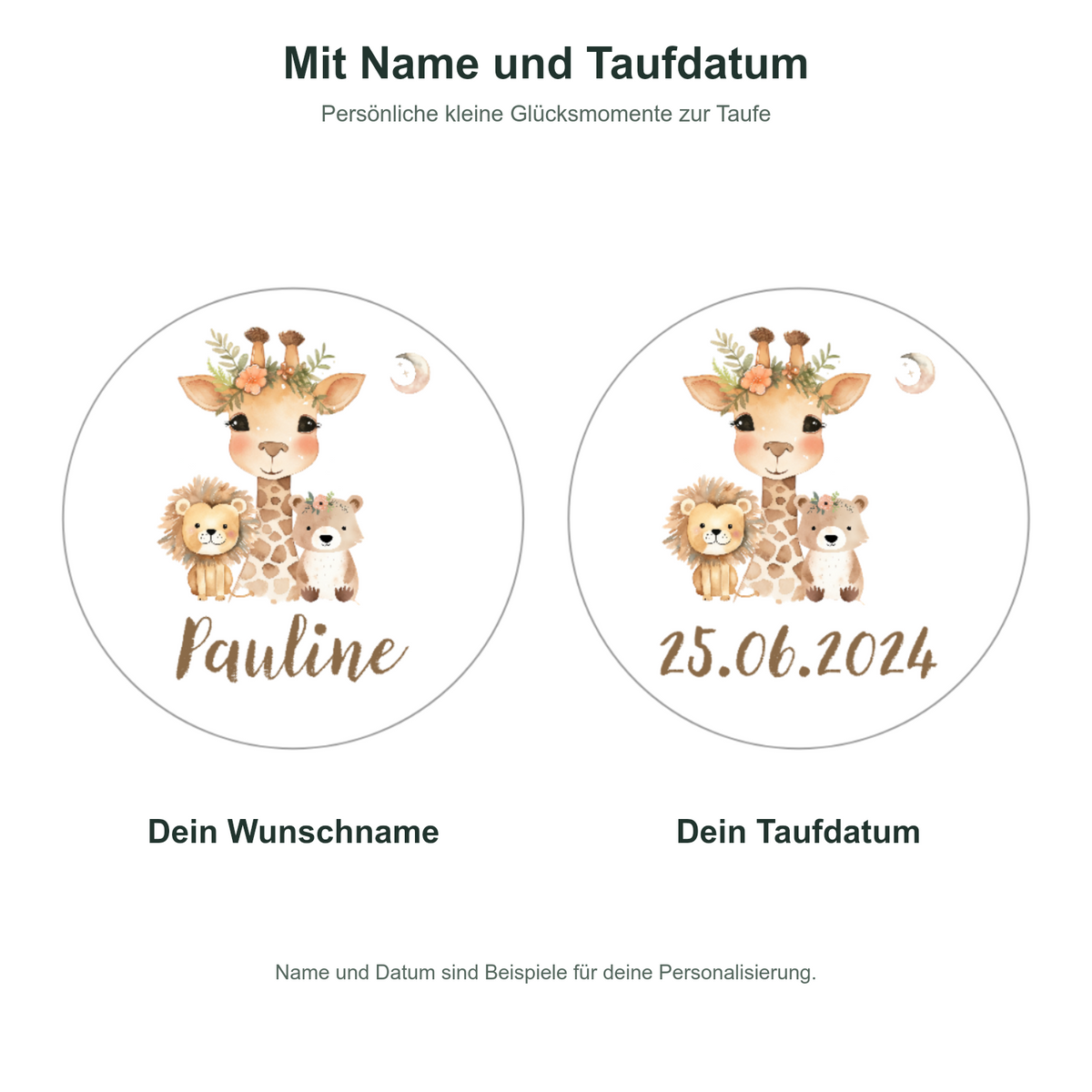 MUCKKI-PRO:d1c16e210ca16468ab9ebac8d9cadaa4c19043238b38d81d3c5173b01ec2acb3:Muffinaufleger Taufe Animals 1 – 4 cm (20 Stück) oder 6 cm (12 Stück) mit Name und Taufdatum
