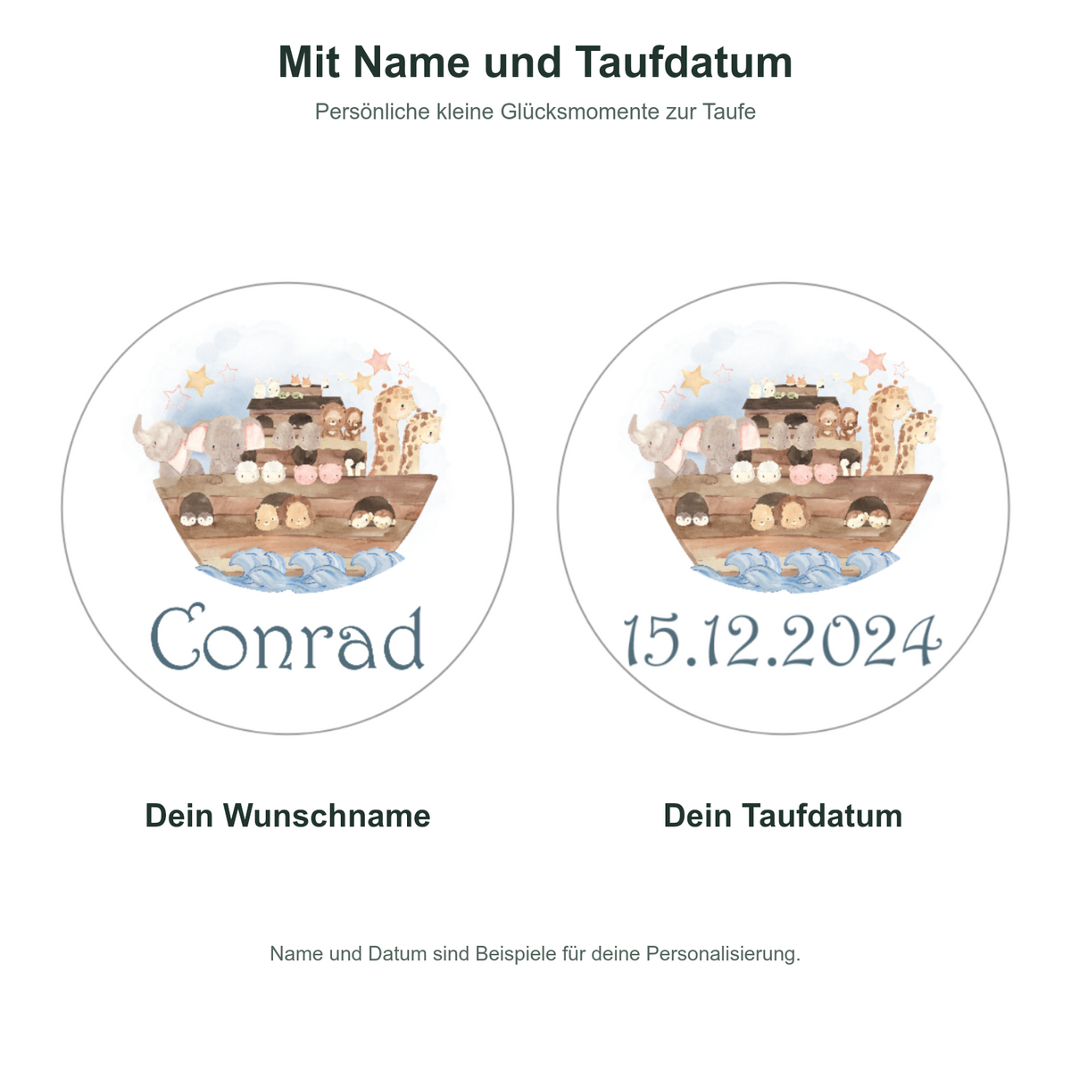 MUCKKI-PRO:28c2ee7a99f100bad72a6a486265c74e9efc0e2aa613de60950f114978692e65:Muffinaufleger Taufe Arche Noah 1 – 4 cm (20 Stück) oder 6 cm (12 Stück) mit Name und Taufdatum