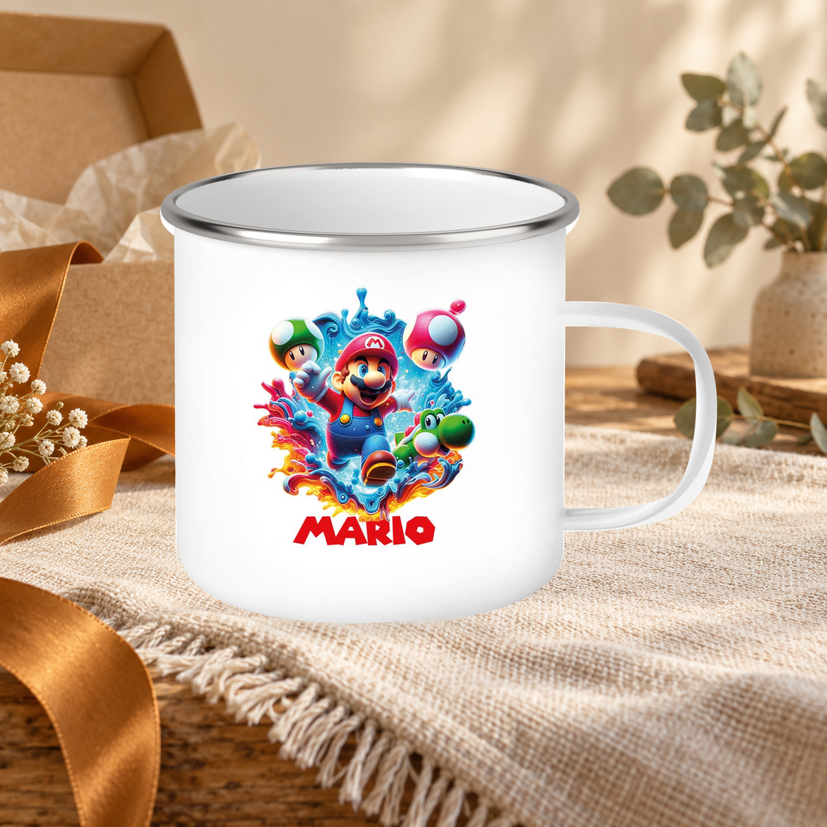 MUCKKI-PRO:56407278abdcdc64bbe6739ff268471212de44b11ad5655e0f490df504500fdb:Tasse Wunschname Super-Mario 8 Emaille Kinderbecher personalisiert