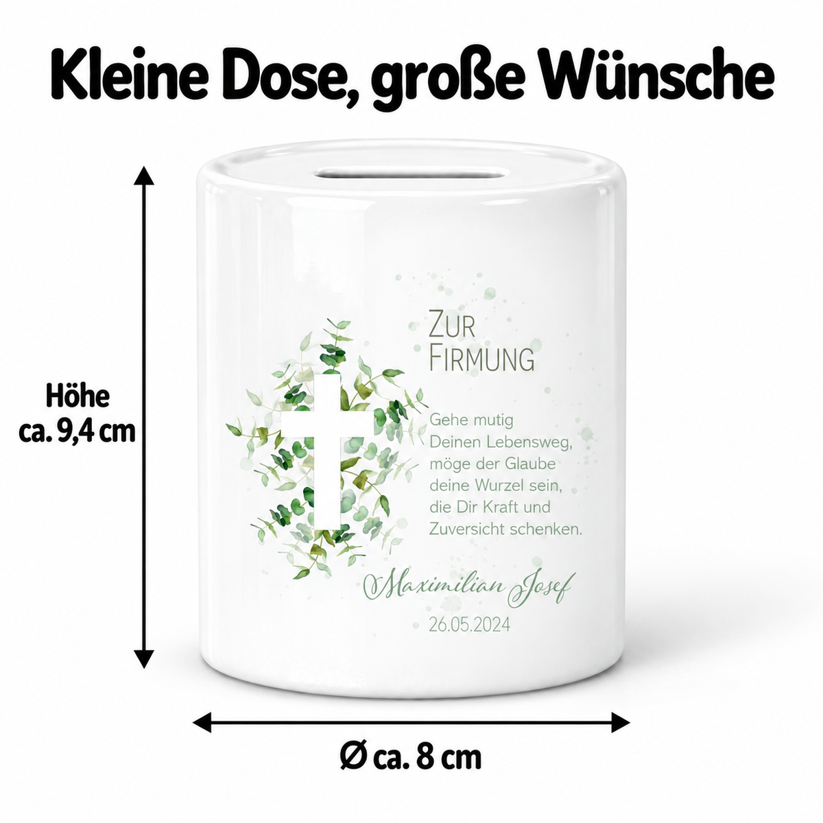 MUCKKI-PRO:09f96408df922d5b59baa56d870d1ca1bf5c884315383094d8eabea373b471d3:Spardose zur Firmung mit Wunschname Kreuz 1 Personalisiert