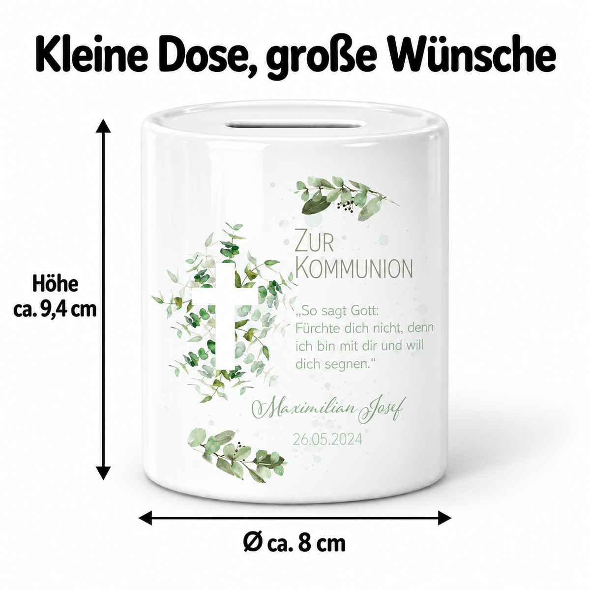 MUCKKI-PRO:ca18becb9499219a27ddcd30f02d9057138954bd86dea8b2c7720d561d8535b5:Spardose zur Kommunion mit Wunschname Kreuz 1 Personalisiert