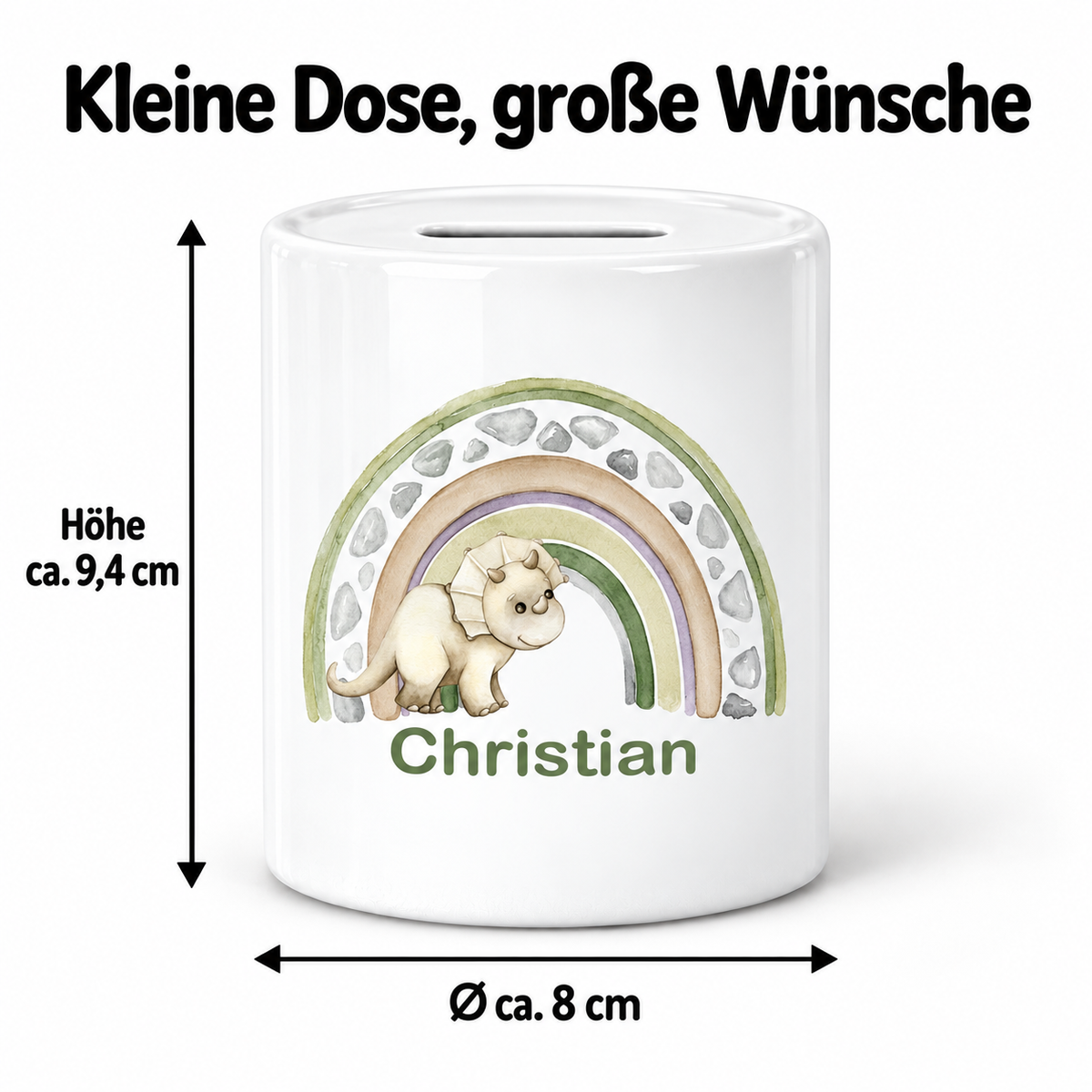 MUCKKI-PRO:22b9301d4ea3bee442f37246596137737ed1ae9d9302a99971c51572cf0caa58:Spardose mit Wunschname Regenbogen-Dino personalisiert