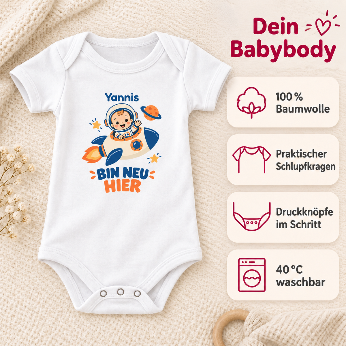 Personalisierter Babybody „Astronat - BIN NEU HIER“ mit deinem Wunschnamen