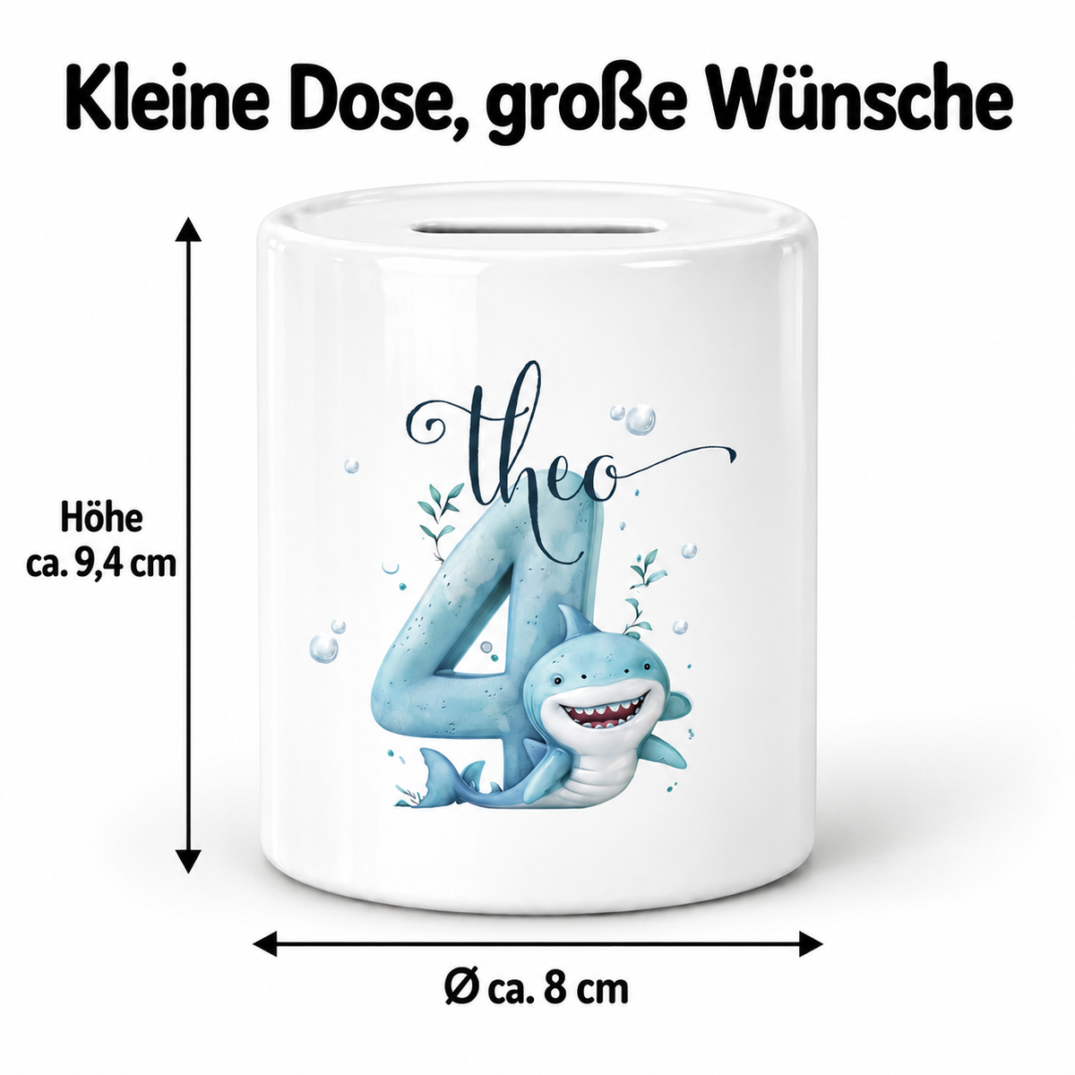 MUCKKI-PRO:b01e73c2b1fafc333e296f06d54346ffb07f3efdc9a6a7c7ffd3f4e6d2f21298:Spardose Geburtstag mit Wunschname Hai Zahl 1 personalisiert