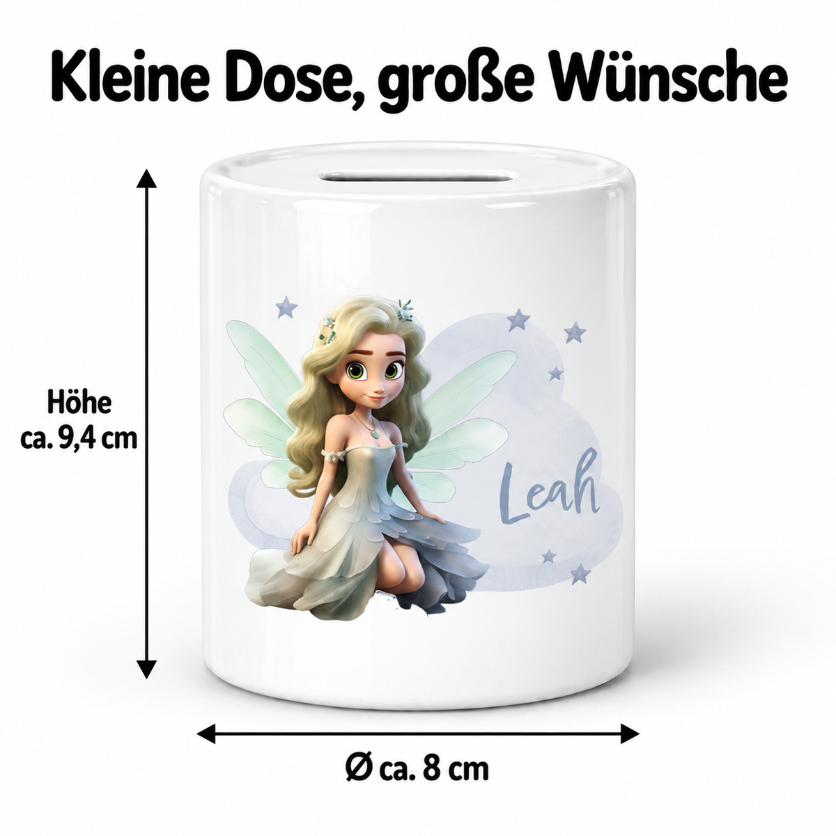 MUCKKI-PRO:b0723054bb66aa01df93645f467573d6323b89e06ba94bca1042f9926ebb4705:Spardose mit Wunschname Fee 4 personalisiert