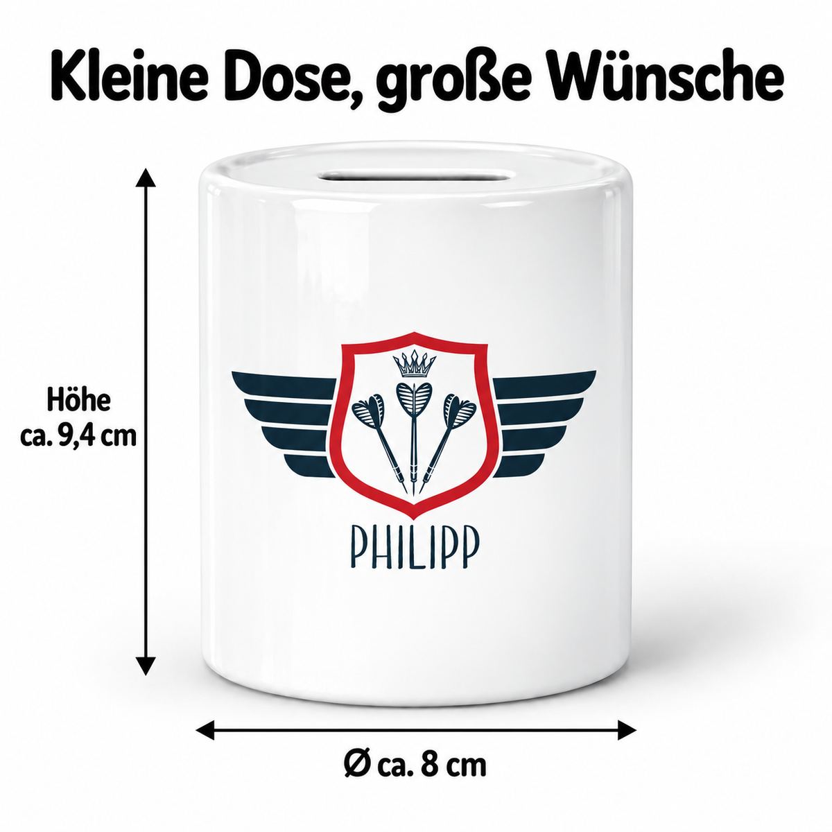 MUCKKI-PRO:a7672d7e7db33b6a301d4926b3f396e764130fbc625fe86ca11404b044ee5ef8:Spardose mit Wunschname Dart 2 personalisiert