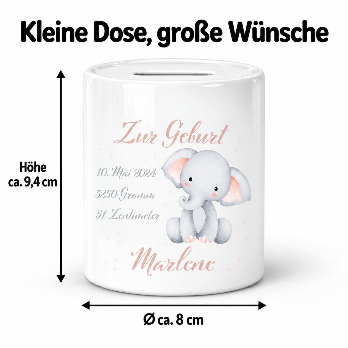MUCKKI-PRO:94d85f20240da6c102a582a5a1fa4253504b069f319da1b72525e2558e050279:Spardose mit Wunschname Geburt Elefant 1 personalisiert