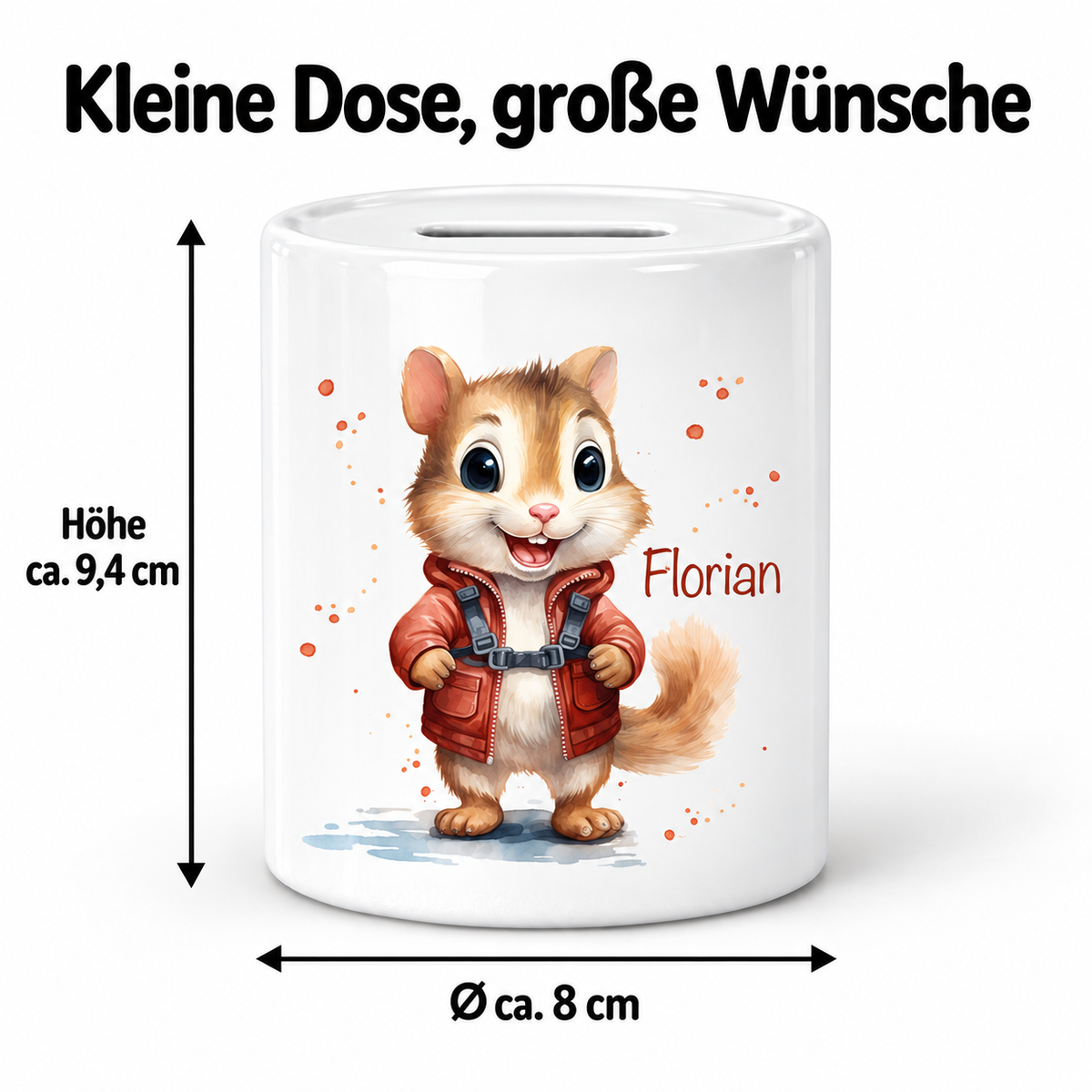 MUCKKI-PRO:be3c11fb6449ba6894faa73187ef613861e297b82e215eada75db6543c0702fe:Spardose mit Wunschname Chipmunk 1 personalisiert