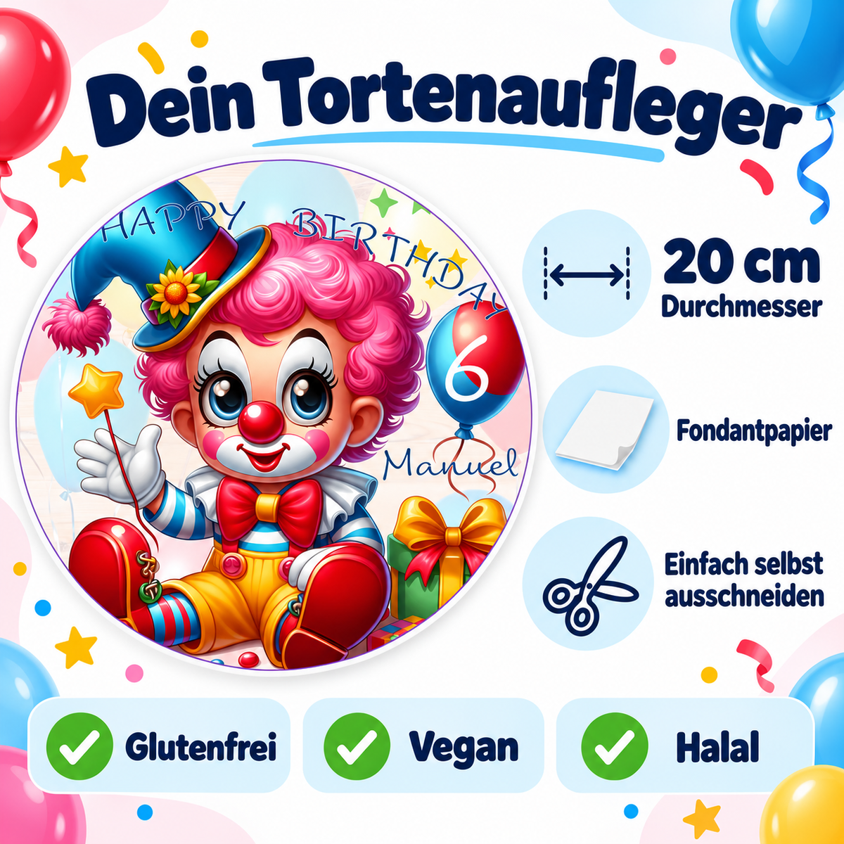 MUCKKI-PRO:008d35f099a3ceaf6ab2f54a9ccb048cd6fb6b2f0ac9f949894109709e302b6b:Tortenaufleger Geburtstag Clown-Party 1 Name & Zahl (20cm) Fondant Papier