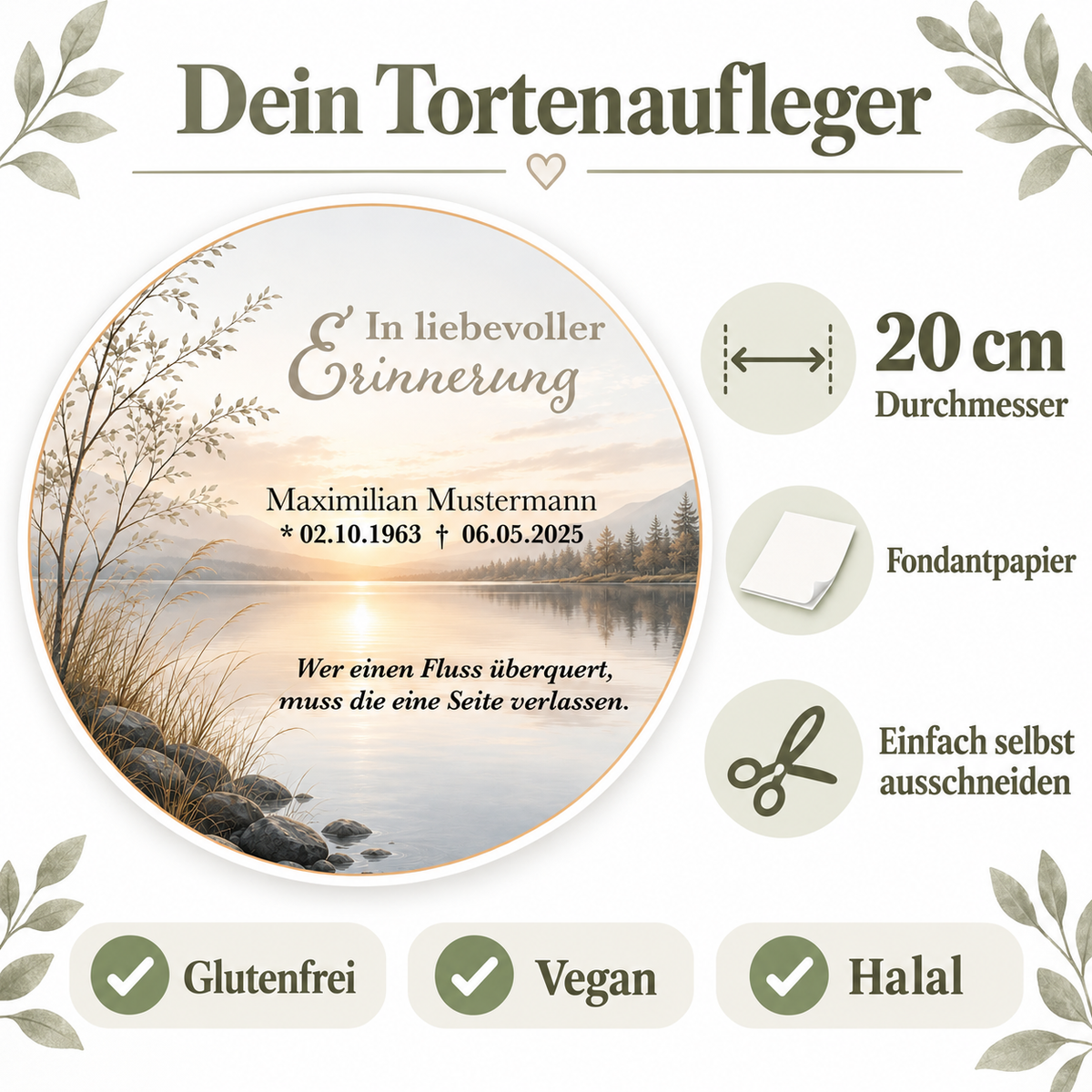 MUCKKI-PRO:608fad260c3512cffad2e296d920d3b087da75d7f682741abab23a13b7861252:Tortenaufleger Beerdigung & Trauerfeier See 01 – personalisiert mit Name & Datum