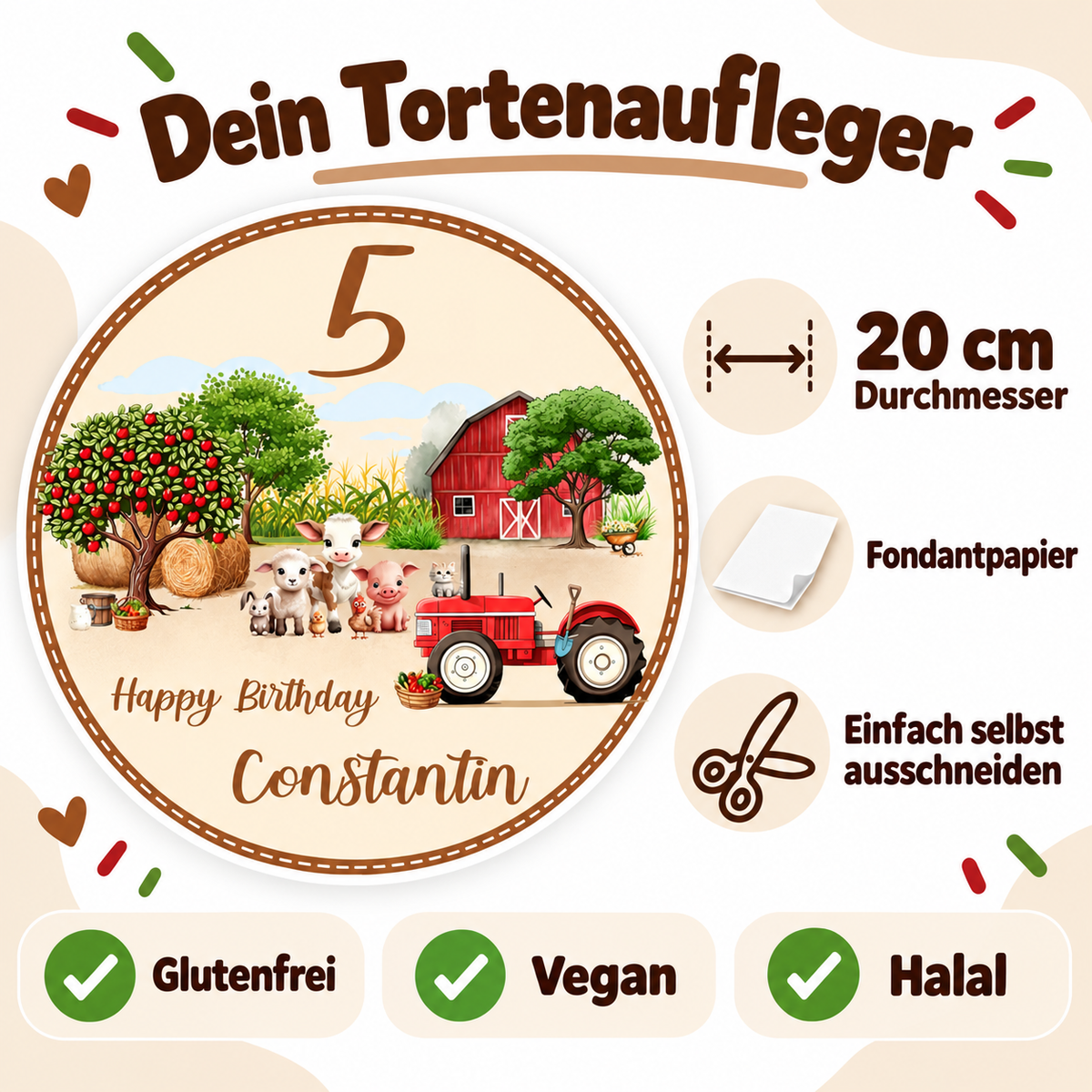 MUCKKI-PRO:1031123a9acf6853c3a4687b6d5f7e32202413d121400491190c70fedfb56195:Tortenaufleger Geburtstag Bauernhof 1 Name & Zahl (20cm) Fondant Papier