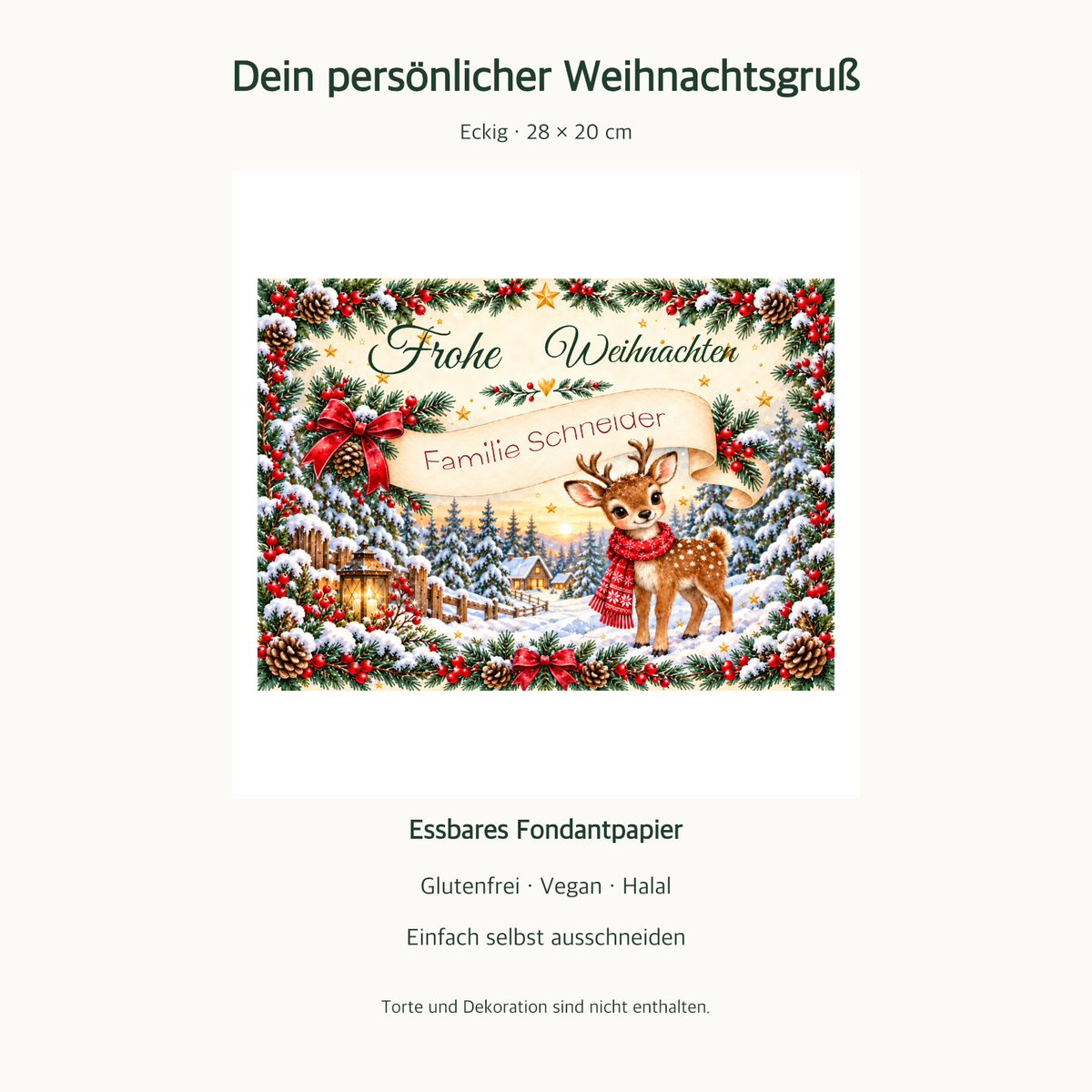 MUCKKI-PRO:5143eea555de413b317a15577aa8626169840df3623acf152e3bf85e7bd6e119:Tortenaufleger Weihnachten Rentier – personalisiert mit Familienname – Eckig (28 x 20cm)