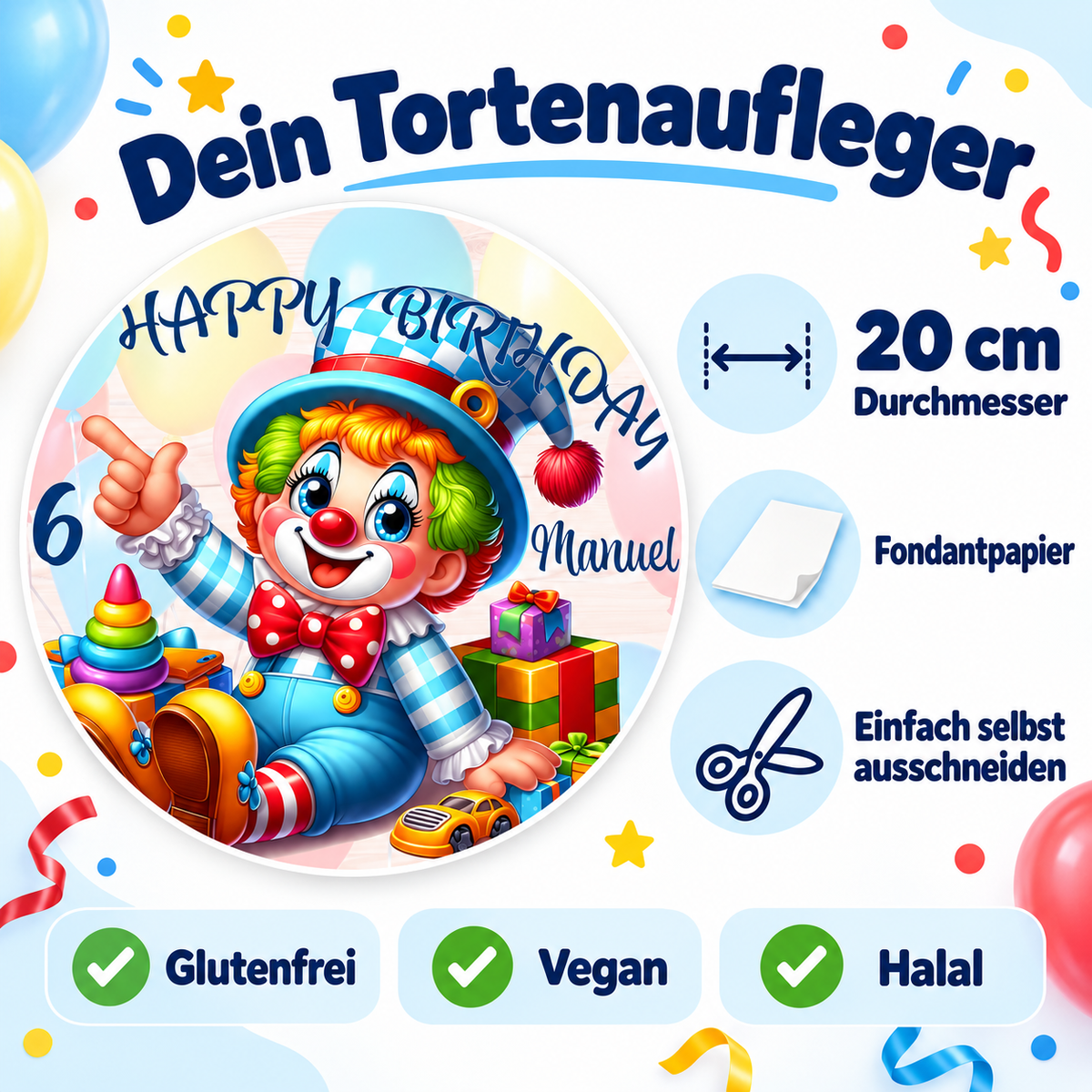 MUCKKI-PRO:83405f31375a632171090d5eb025ba31e658d7d0d764038f8b7f0998300da654:Tortenaufleger Geburtstag Clown-Party 2 Name & Zahl (20cm) Fondant Papier