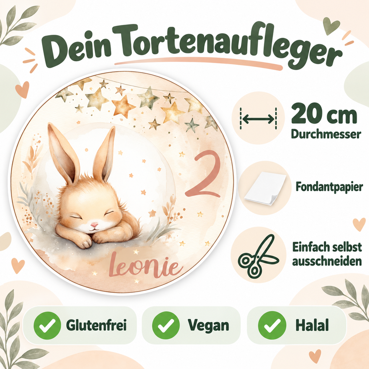 MUCKKI-PRO:30413260024fbb85b1679db8b303d05a9e30dbc0676306290121d404ac75e5ca:Tortenaufleger Geburtstag Hase 1 Name & Zahl (20cm)