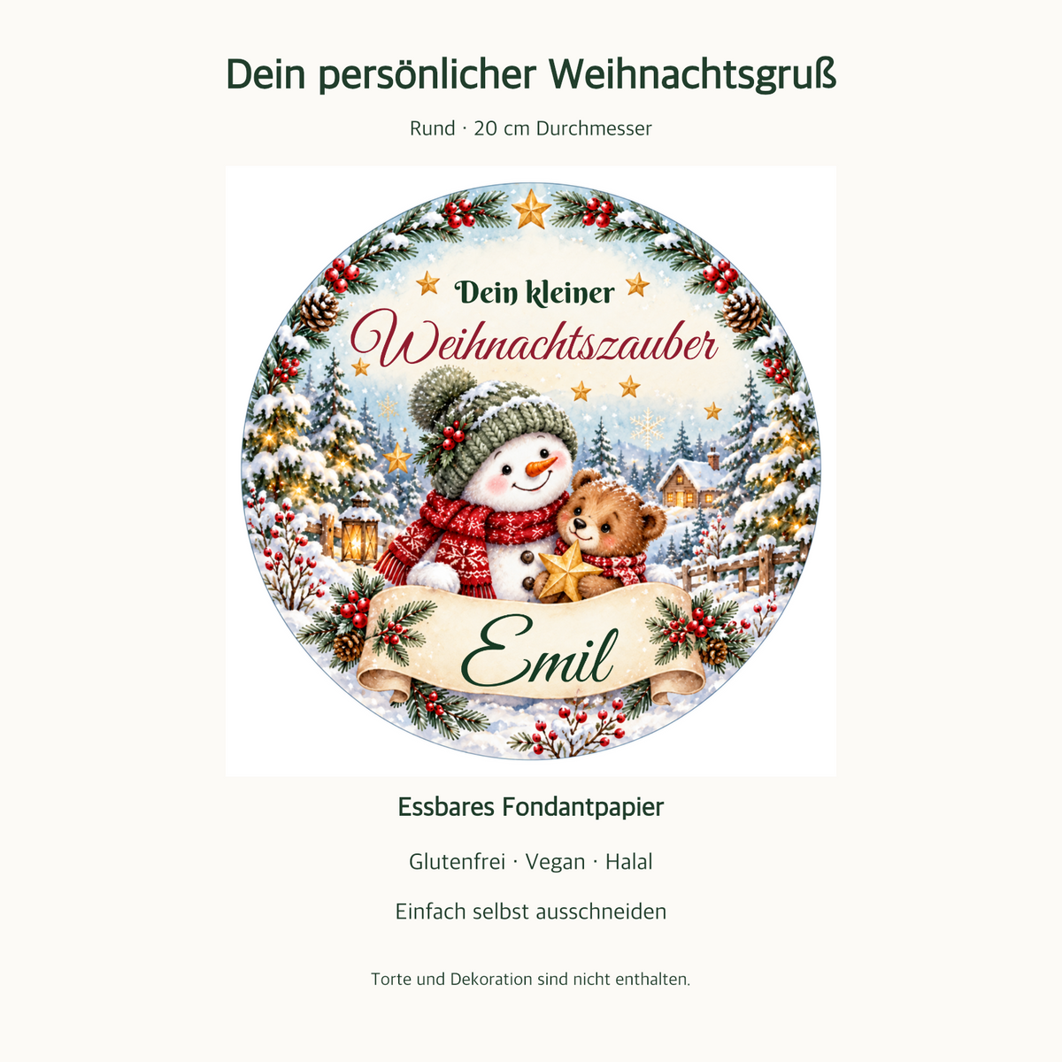 MUCKKI-PRO:715288f1b34b7716e4f9a6a4529eca43f8799b5299e80a899f3dc51e911c1e44:Tortenaufleger Weihnachten Schneemann & Bär – personalisiert mit Wunschname – versch. Formen