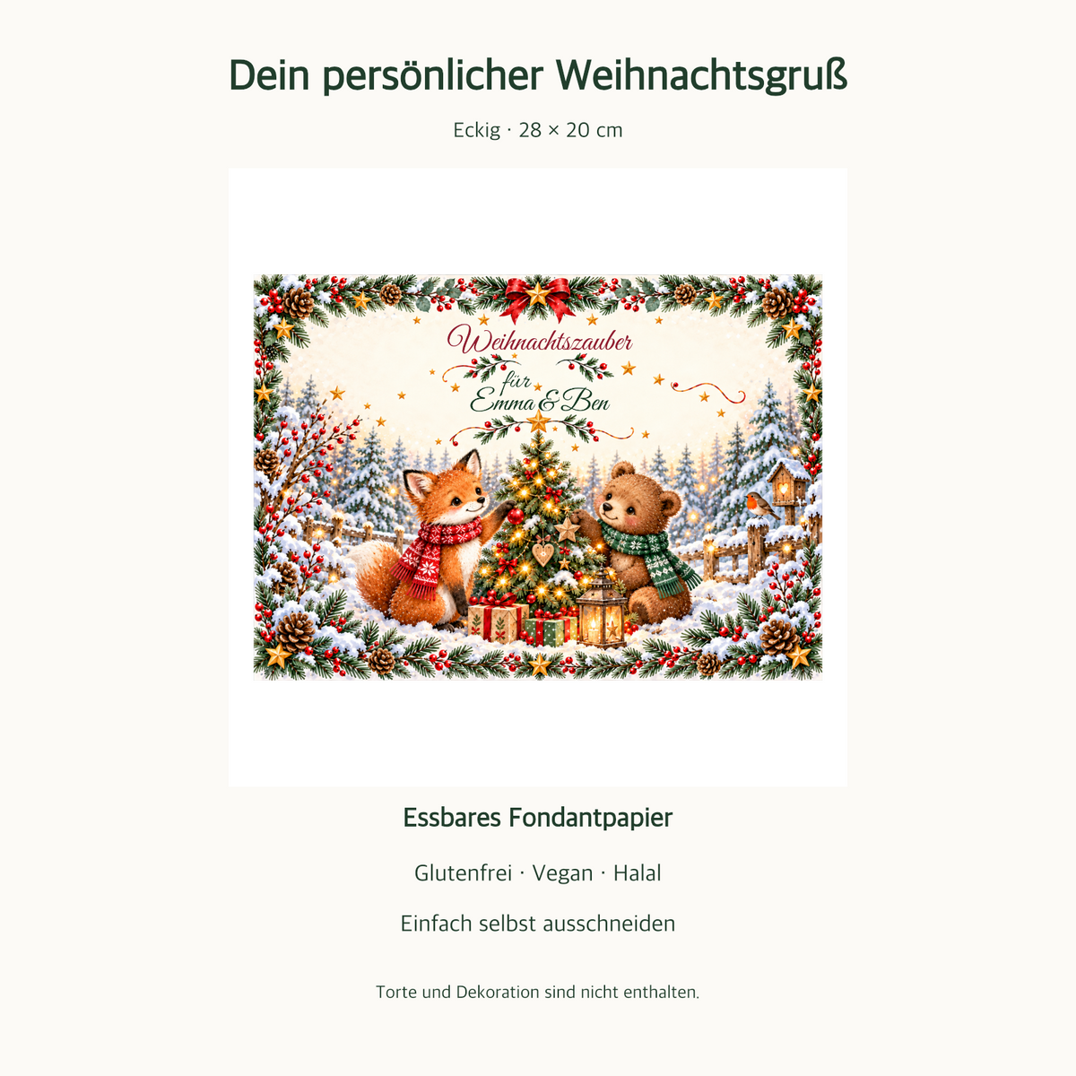 MUCKKI-PRO:1acbb50bb65bdec70bbd3a8f8f5e4c127f3a4fd01b024e7f9fe64f388d856a0b:Tortenaufleger Weihnachten Fuchs & Bär – personalisiert mit Wunschnamen – Eckig (28 x 20cm)