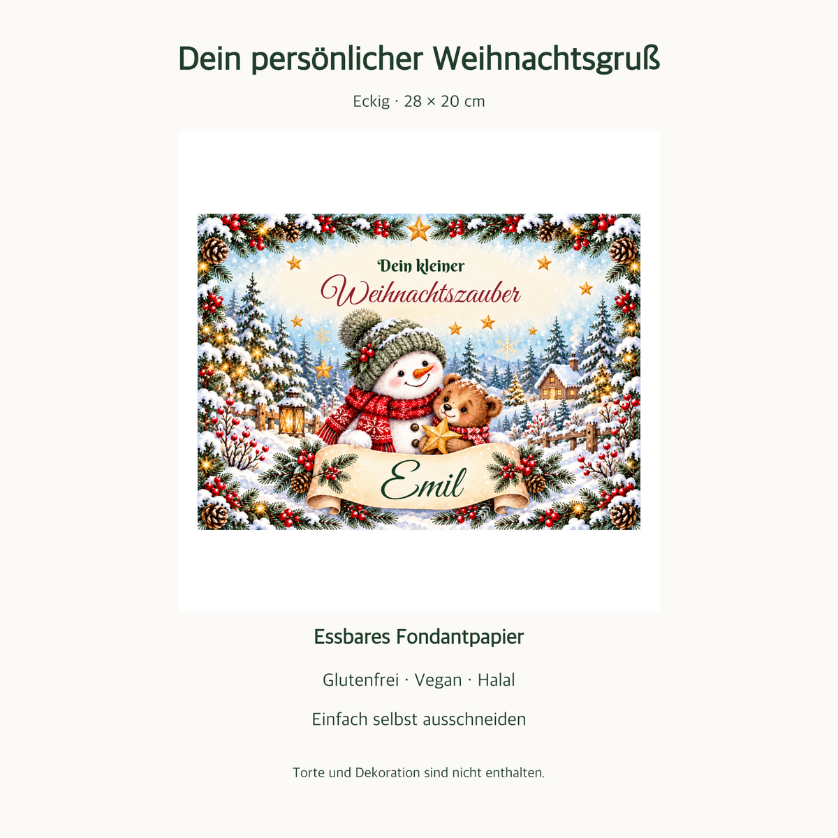 MUCKKI-PRO:36c02cb2f8d8cd9bbba7eb3e07f7185057a0b196251b56fcc4d602408d3a1432:Tortenaufleger Weihnachten Schneemann & Bär – personalisiert mit Wunschname – Eckig (28 x 20cm)