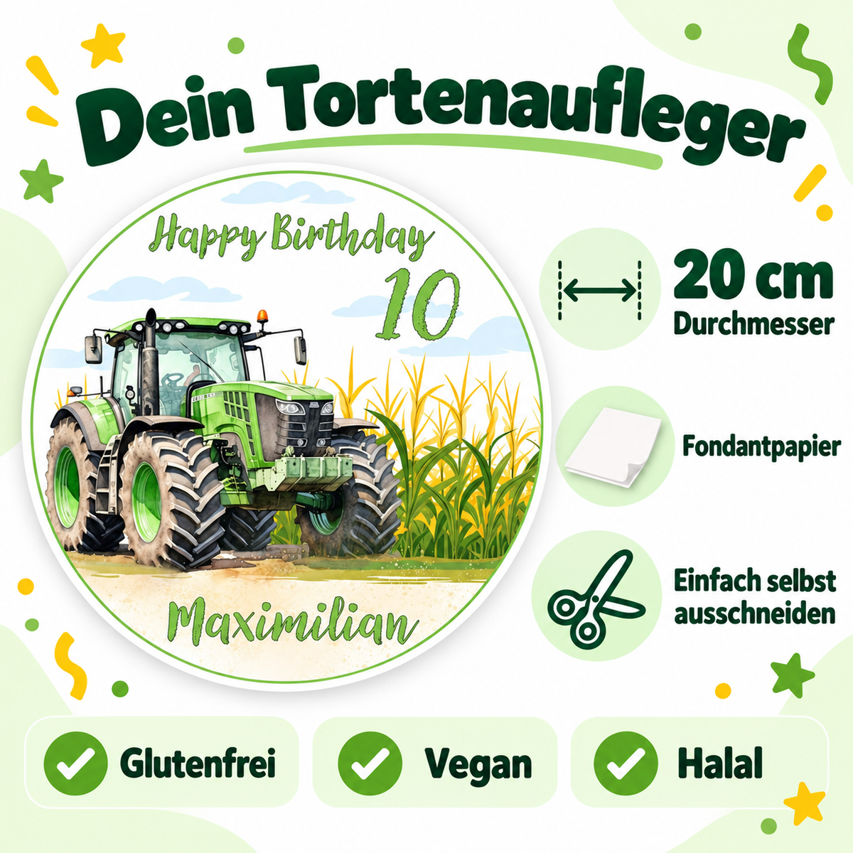 MUCKKI-PRO:03a94f0afe0b72cbd6c45646a552b4b2362d63f41371cd30e76affeba8635e4a:Tortenaufleger Geburtstag Traktor 1 Name & Zahl (20cm)