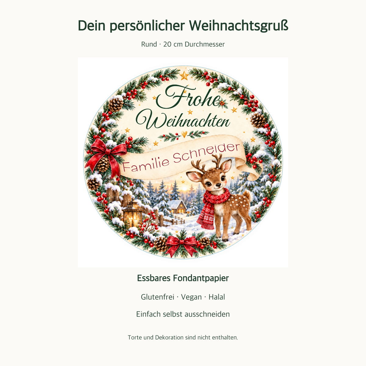MUCKKI-PRO:da96660731f75501e6fd95879f0f8d5a4fd311dab0e74ceed3cc43273d5e510c:Tortenaufleger Weihnachten Rentier – personalisiert mit Familienname – versch. Formen