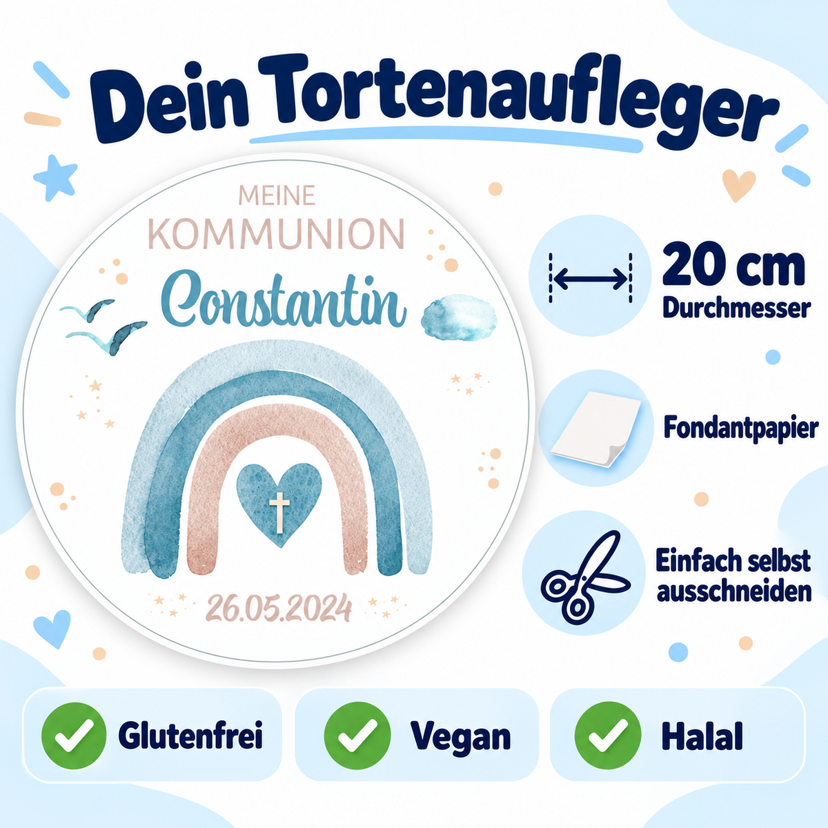 MUCKKI-PRO:41c68dc6e9193d5d939e595b582da26f4929583e68fd1d024d067bfbf76b5739:Tortenaufleger Kommunion Regenbogen 2 Name & Datum (20cm)