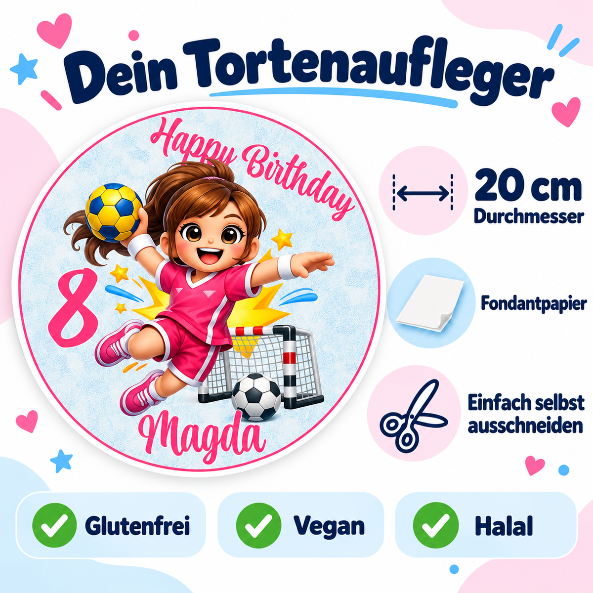 MUCKKI-PRO:226402b507b9fbff9efc1b97d70b45c9094417d9a29248f8d860216ba2929ebc:Tortenaufleger Geburtstag Handball 2 Name & Zahl (20cm) Fondant Papier