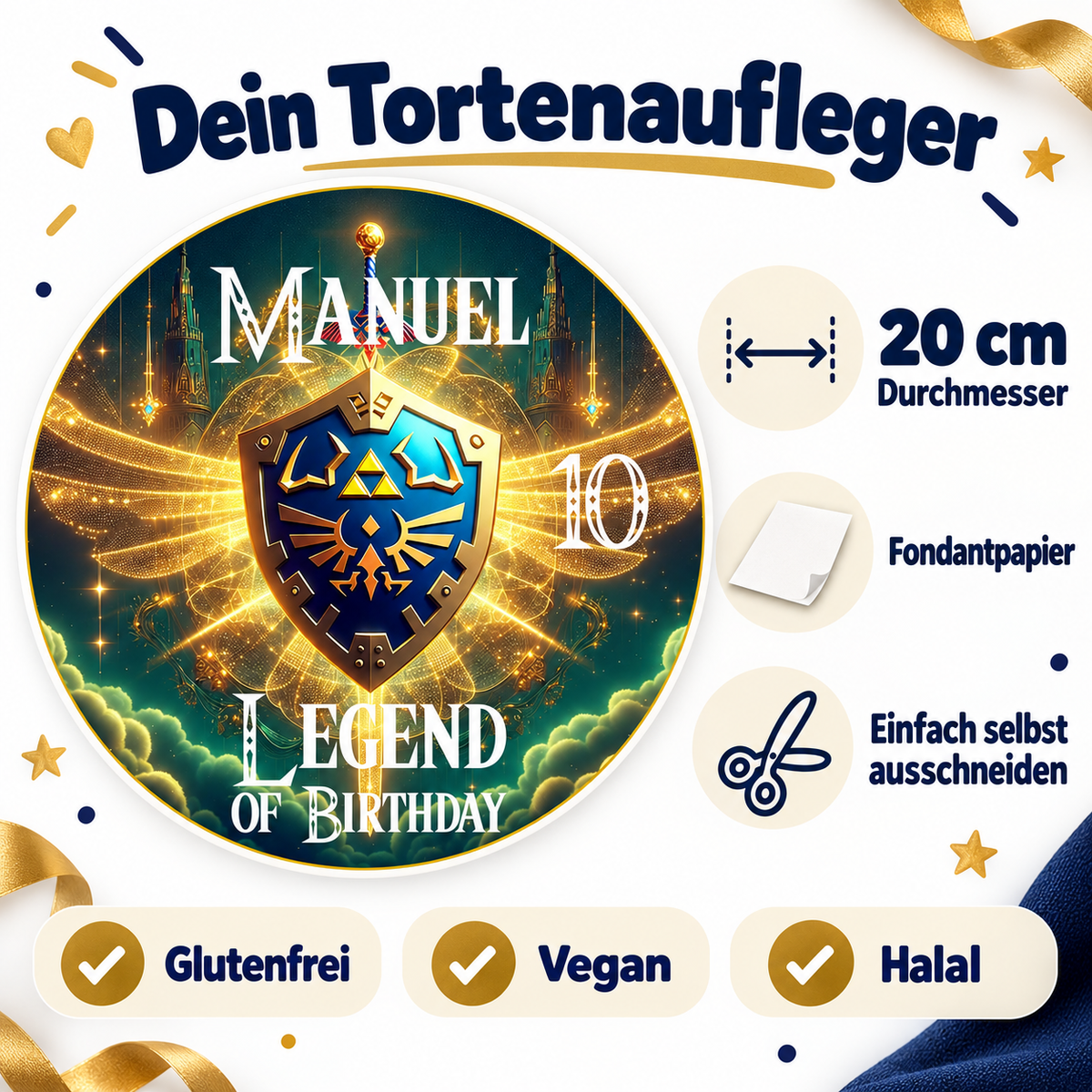 MUCKKI-PRO:eeb35181656c95804ab85da15d9a960c737faedcd57517219141b2e49b53a09d:Tortenaufleger Geburtstag Link 2 Name & Zahl (20cm) Fondant Papier