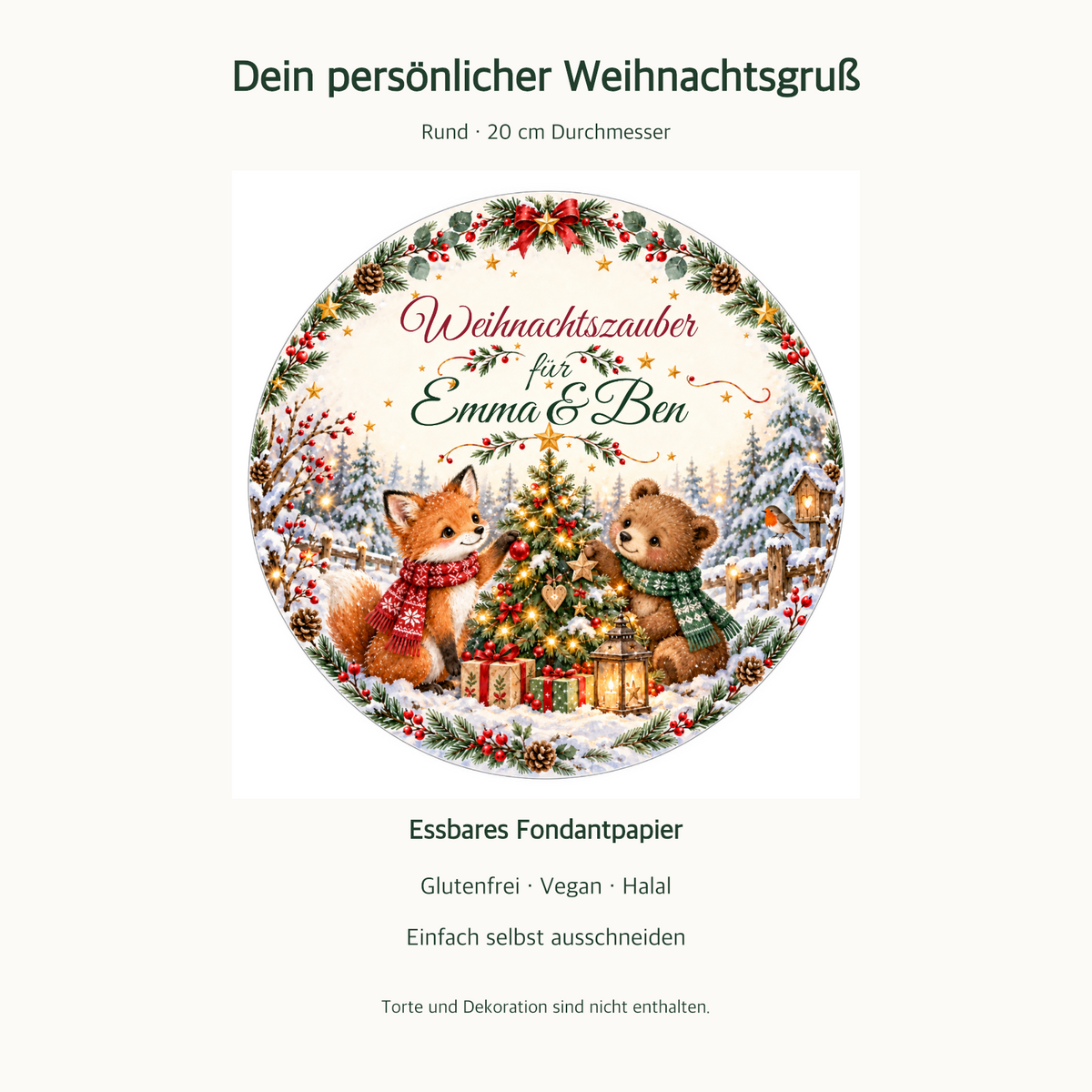 MUCKKI-PRO:7968f98a3878faad1dc693f4dc74910cfafd0751362ca9aae2f6d2367292b7de:Tortenaufleger Weihnachten Fuchs & Bär – personalisiert mit Wunschnamen – versch. Formen