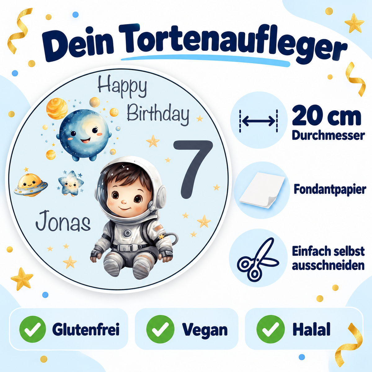 MUCKKI-PRO:4e4b2b39ba9177af42bc1204488e0158f531b4ecfce251bb5e441a2deec676f5:Tortenaufleger Geburtstag Astronaut 2 Name & Zahl (20cm)