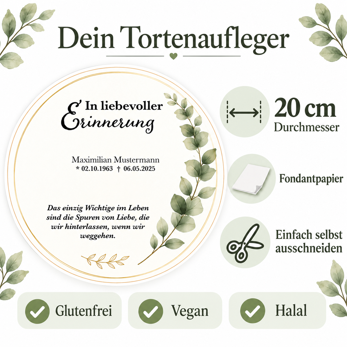 MUCKKI-PRO:bc86164f09788ebb19c92445566a319e4cee81a56c8dfa1737a5a2d15e50c261:Tortenaufleger Beerdigung & Trauerfeier Eukalyptus 01 – personalisiert mit Name & Datum Fondantpapier 20cm