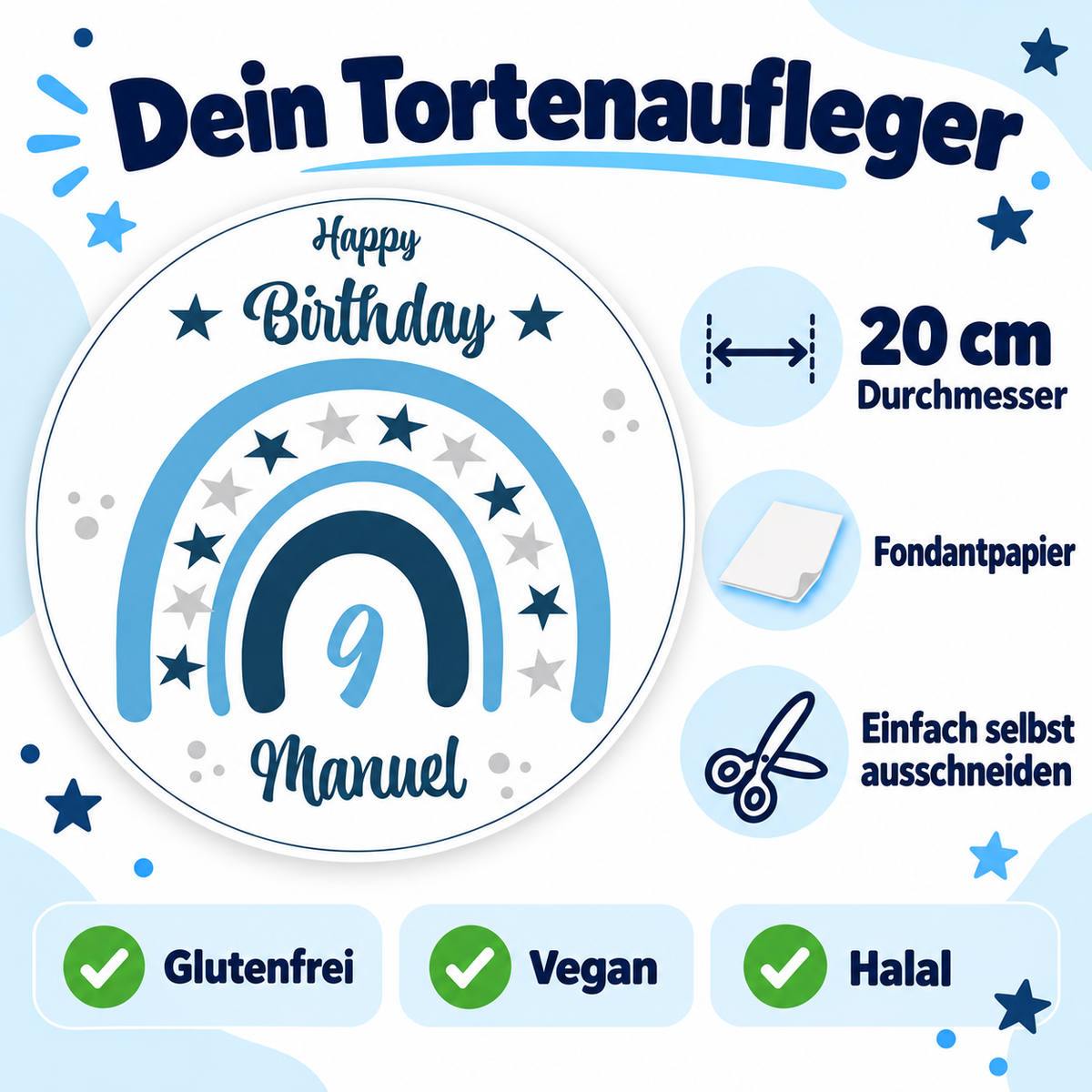 MUCKKI-PRO:d71b33876298a6af62e118d1ac45810e57f4ce890d62081d83b5c9b720074b4e:Tortenaufleger Geburtstag Regenbogen 1 Name & Zahl (20cm)