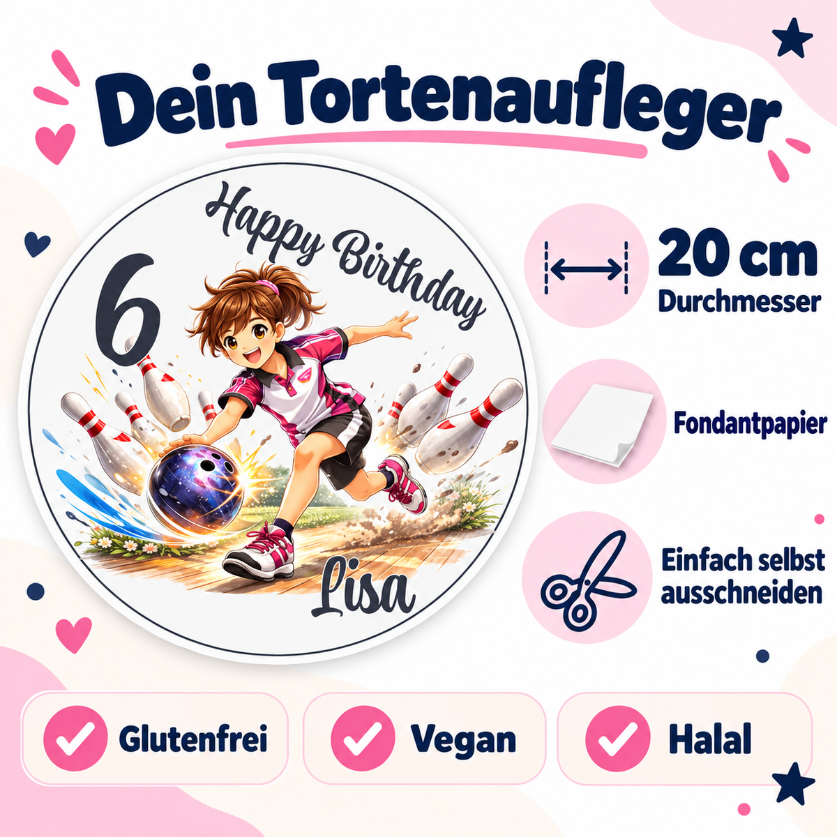 MUCKKI-PRO:1eb5196d5b00b44b22a26788fde4728fc75fbf60e3221c35fd26e765116d14e6:Tortenaufleger Geburtstag Kegeln 2 Name & Zahl (20cm) Fondant Papier