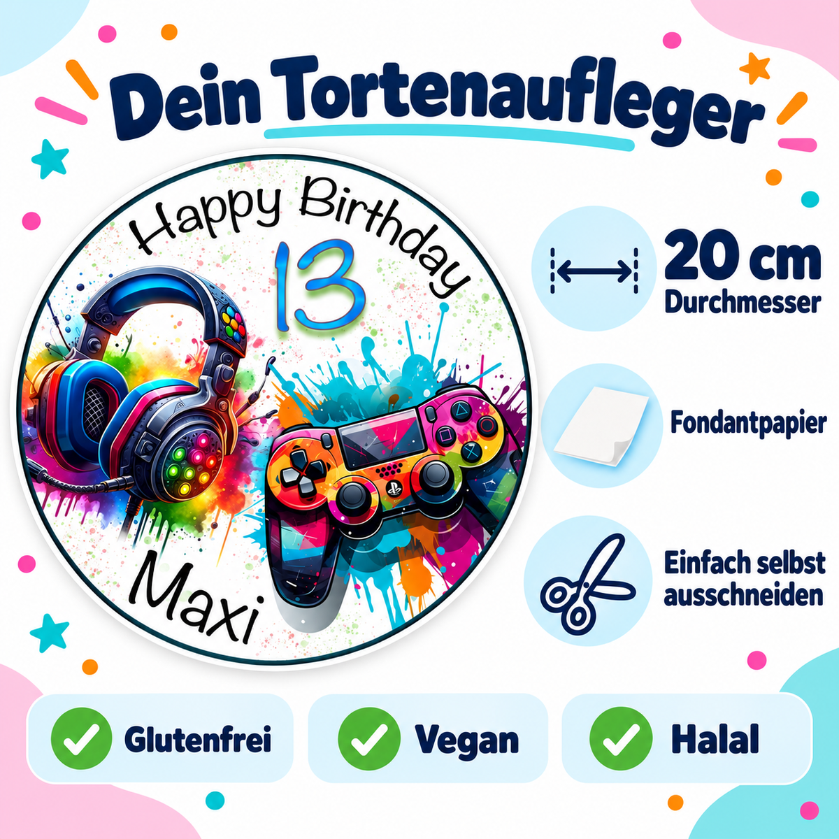 MUCKKI-PRO:b3b927874ab3a85bc19dd83027ba9589d10cbc2ec21c3a18a5d9cd401fc82f16:Tortenaufleger Geburtstag Gamer Controller, HeadSet Personalisiert 3 Name & Zahl (20cm) Fondant Papier