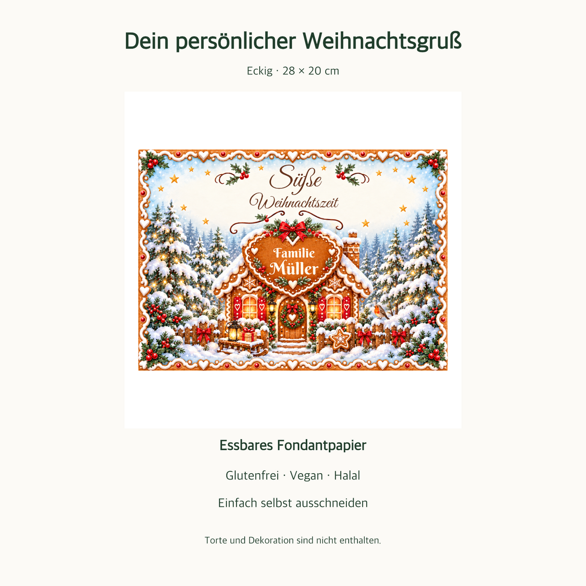 MUCKKI-PRO:7761d8f235f44d7e2cd2a91f1693ebaec2b1f701a74c850bb7205be94cf12b09:Tortenaufleger Weihnachten Lebkuchenhaus – personalisiert mit Familienname – Eckig (28 x 20cm)