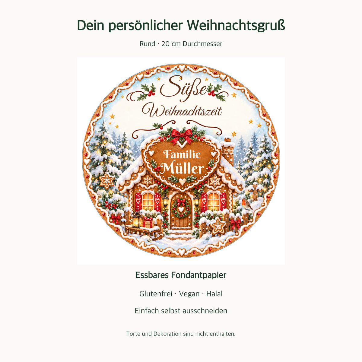MUCKKI-PRO:ec6f81bdcf53a6124d2a33d14df05f1a35ec1b16c44f5d63705840908efc6e38:Tortenaufleger Weihnachten Lebkuchenhaus – personalisiert mit Familienname – versch. Formen