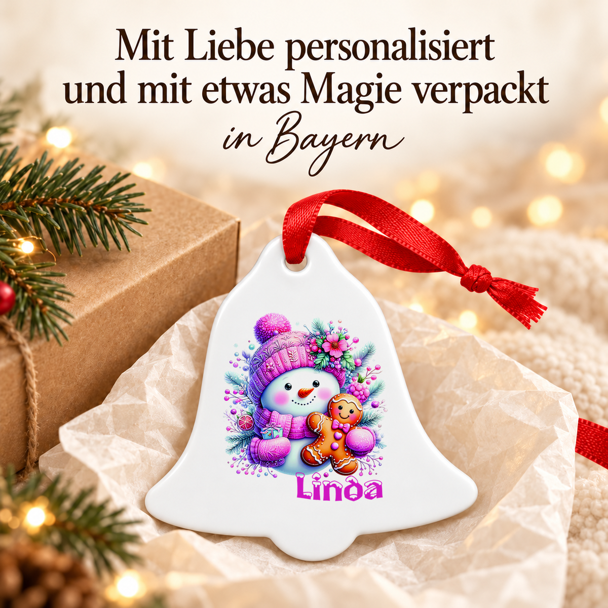 Weihnachtsanhänger personalisiert Schneemann 2 mit Wunschnamen – Rund, Stern, Herz oder Glocke