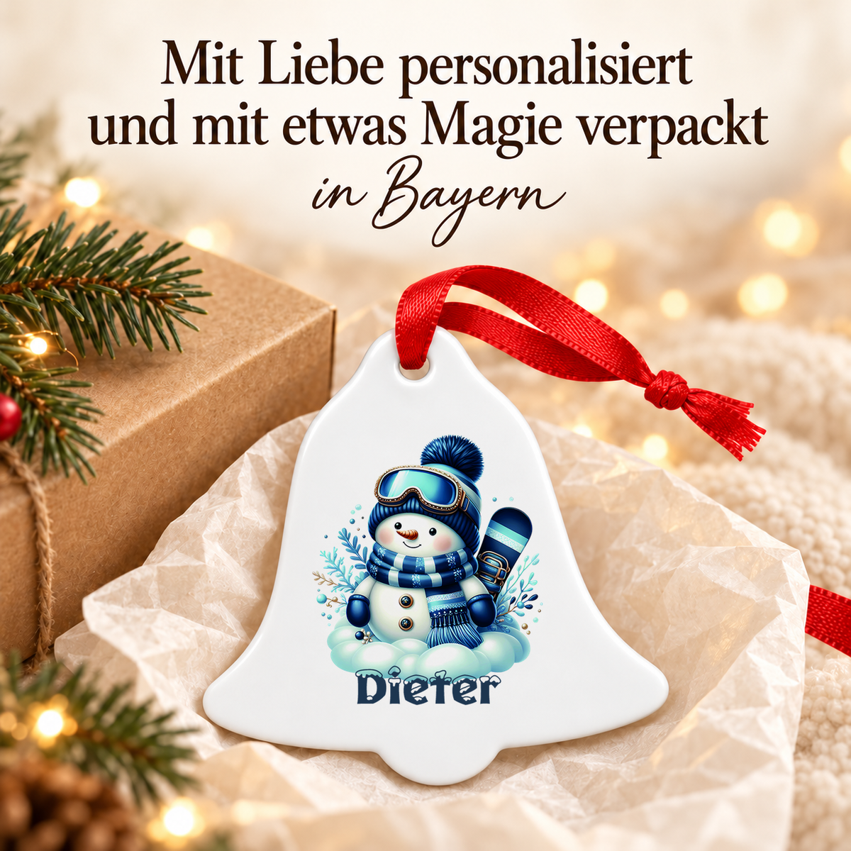 Weihnachtsanhänger personalisiert Schneemann 6 mit Wunschnamen – Rund, Stern, Herz oder Glocke