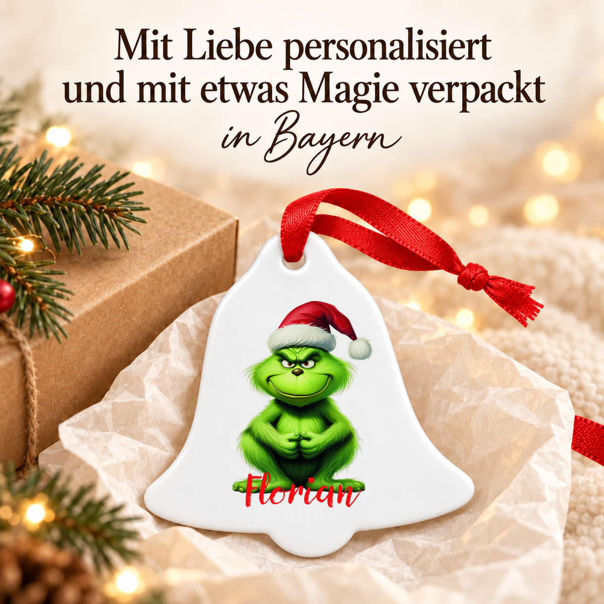 MUCKKI-PRO:8b08d24414253c111210291280e6950d1143616de792f048cc4719177444a936:Weihnachtsanhänger personalisiert Grinch 5 mit Wunschnamen – Rund, Stern, Herz oder Glocke