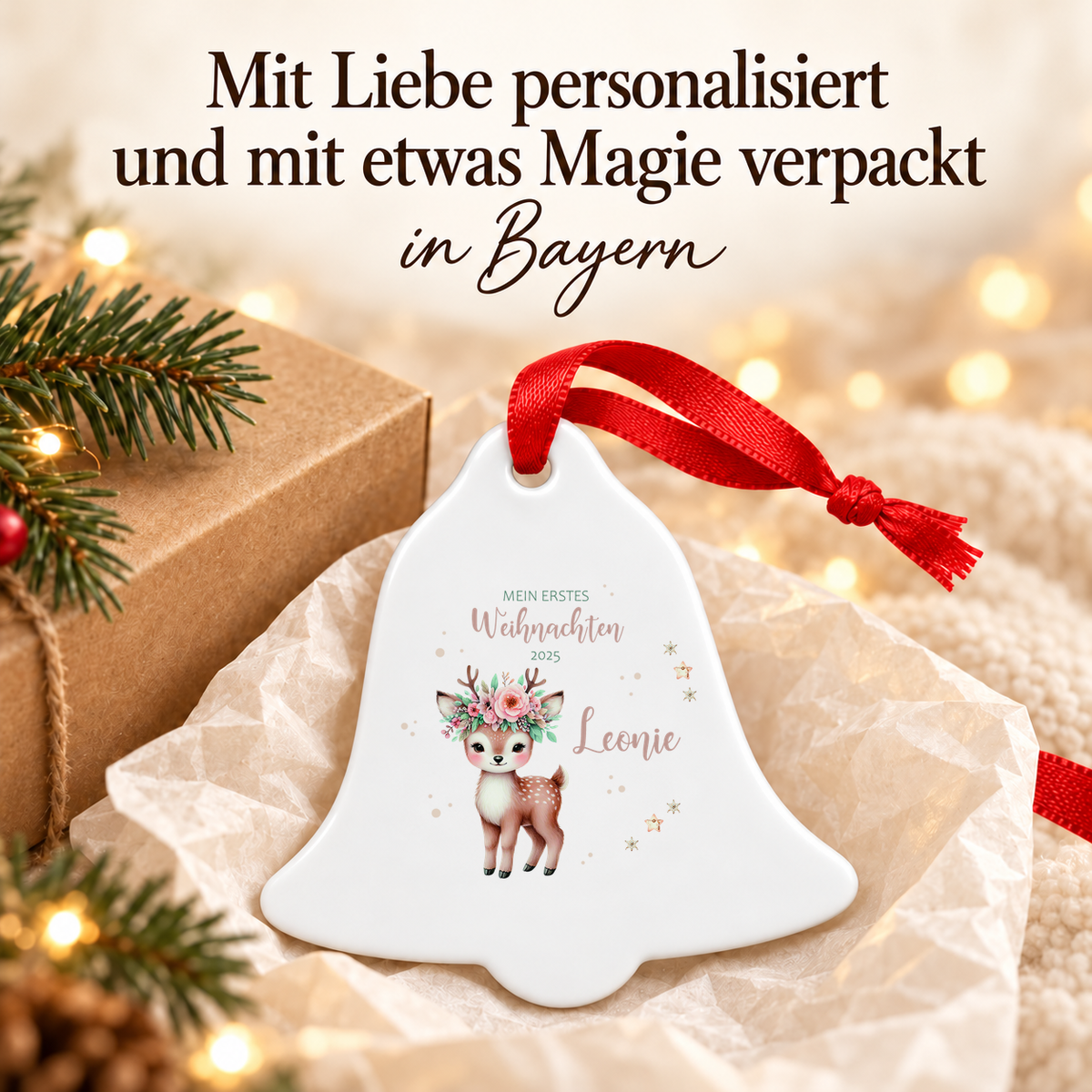 MUCKKI-PRO:61c0b03d2a515f08b3d22bd97ed3d7bd39307305d603a181cdccabb6c7e61699:Weihnachtsanhänger personalisiert Reh – mein erstes Weihnachten mit Wunschnamen – Rund, Stern, Herz oder Glocke